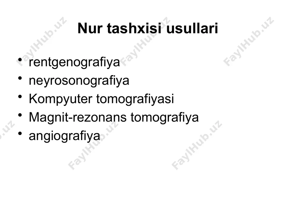 da egarning shakli, old devorining holati, pastki va orqa tomonlari, sagittal va vertikal o'lchamlar baholanadi. bosh suyagi rentgenogrammasi proyeksiyalar: a) o'ng yon b) chap yon c) to'g'ri old (burun) d) orqa yarimaksial kompyuter tomografiyasi suyak holatini baholash miya holatini baholash miya likvor suyuqligi holatini baholash patologik o'zgarishlarni baholash miya to’qimasi oynasi suyak оynasi 3d кт аngiografiya miya tomirlarining holatini baholash - rentgenkontrast moddani tomir ichiga yuborish bilan tadqiqot o’tkazish magnit-rezonans tomografiya miya holatini baholash (miya yarim sharlari, oq va kulrang moddalar, miya stvoli, miyacha, tomirlar, miya likvor bo'shliqlari) orqa miya holatini baholash magnit-rezonans tomografiya aksial, frontal, sagital tekisliklar мrт аngiografiya miya va bo'yin tomirlarining holatini baholash orqa miya мrтsi servikal, ko'krak, bel umurtqasining magnit-rezonans tomografiyasi bosh miya angiografiyasi (miya angiografiyasi) arterial anevrizmalar, qon tomir malformatsiyalar, o'smalar (angioplastika, emboliya) uchun jarrohlik yoki intervension aralashuvidan oldin amalga oshiriladigan miya tomirlarini rentgen-kontrastli tekshirish. miyaning ultratovush tekshiruvi (neyrosonografiya) erta bolalik davrida miya holatini baholash …