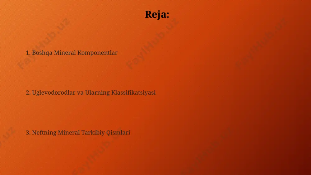 sohalariga ta'sir qiladi. 2023-yil ma'lumotlariga koʻra, oʻzbekistonning neft qazib olish hajmi kuniga oʻrtacha 70 ming barrelni tashkil etadi, bu esa surxondaryo va buxoro viloyatlarida joylashgan yirik neft konlarining ahamiyatini koʻrsatadi. neft gazlari neft gazlari tarkibida 100 dan ortiq turli xil uglevodorodlar, jumladan, metan, etan va propan kabi engil uglevodorodlar mavjud bo'lib, ular o'zbekistonning muruntov va shohimardon gaz konlarida katta miqdorda topiladi. o'zbekistonning andijon viloyatida joylashgan neft konlarida neft gazlarining tarkibida oltingugurtli birikmalar miqdori 0,5% dan 2% gacha yetishi mumkin, bu esa ularning qayta ishlanish texnologiyasini murakkablashtiradi. qoraqalpog'iston respublikasidagi neft gaz kondensat yotqiziqlari tarkibida, o'rtacha 70% gacha bo'lgan miqdorda, propan va butan kabi qimmatli suyuq uglevodorodlarni o'z ichiga oladi. neftning kimyoviy tarkibi neft tarkibidagi oltingugurt miqdori 0,1% dan 5% gacha o'zgarib, neftning korroziya xususiyatlarini va ekologik ta'sirini aniqlaydi. yuqori oltingugurtli neftlarni qayta ishlash murakkabroq va qimmatroq bo'ladi, misol uchun, texas neftlari. neftning kimyoviy tarkibida 85% gacha uglerod, 10-14% vodorod va qolgan …
