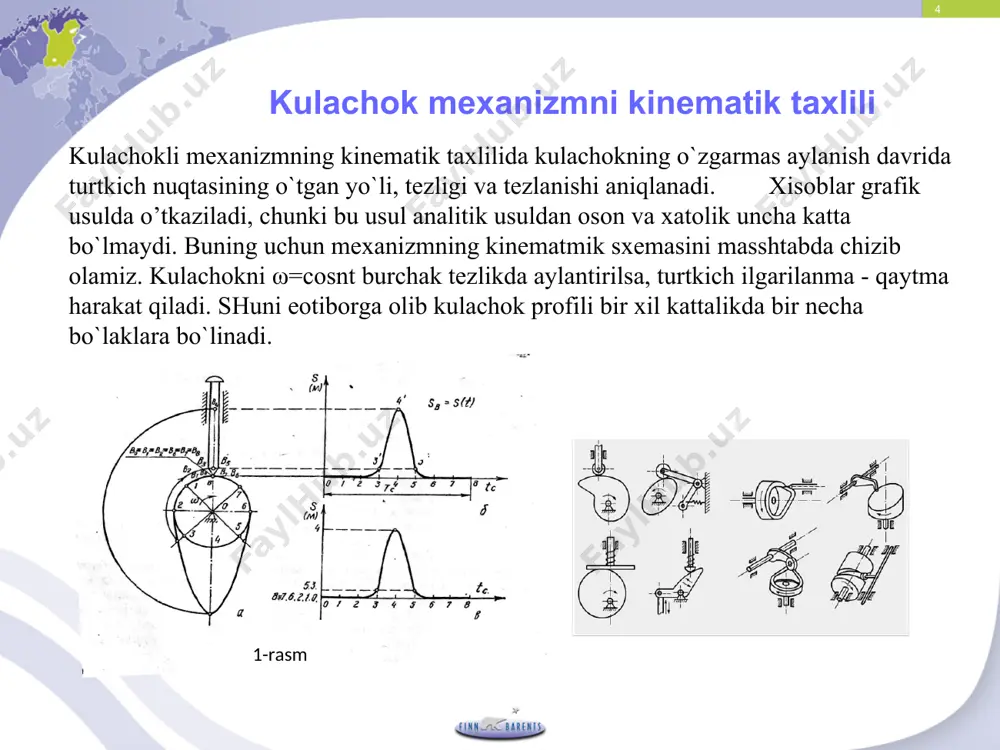 mik usulda loyihalash deyiladi dinamik usulda loyihalashning afzalligi shundaki, kulachokli mexanizmlar kulachokning xar qanday tezlikdagi harakatda ham normal ishlay oladi. loyihalashda uzatish burchagi hisobga olinmasa, kulachokning aylanishi jarayonida turtkich o`z yo`naltiruvchisi orasiga tiqilib qolishi mumkin, noto`g`ri ishlab sinishi ham mumkin. * turtkichi rolikli dezaksial kulachokli mexanizmni loyihalash dezaksial kulachokli mexanizmlarni loyihalashda harakat qonuni, kulachokning minimal radiusi, rolik radiusi va dezaksial oralik berilgan bulishi kerak. agar harakat qonuni tezlanish yoki tezlik diagrammalari kurinishida berilgan bulsa, uni integrallash yo`li bilan yo`l grafigi s — t ni keltirib chiqarish lozim bo`ladi. * bunday mexanizm quyidagi tartibda loyihalanadi (3-rasm). a)yo`l grafigining abstsissalar o`qi davomida turtkich roligining markazi b tanlab olinadi. b) rolik markazi b va dezaksial oraliq e dan turtkich va kulachok o`qlari diagramma ordinatasnga parallel qilib o`tkaziladi. rolik markazidan rolik va kulachokning minimal radiuslari yigindisiga teng radiusli yoy chiziladi. yoyning kulachok o`qi bilan kesishgan nuqtasi kulachokning aylanish o`qi bo`ladi. c) kulachokning aylanish o`qi …