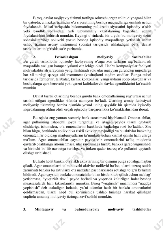 navbatga turishga va imkon qadar tezroq o‘z pullarini qaytarib olishga urinishadi. bu kabi holat bankni o‘z riskli aktivlarining bir qismini pulga sotishga majbur qiladi. agar omonatlarni ta’minlovchi aktivlar nolikvid bo‘lsa, ularni tezroq sotish zaruriyati bankka bu aktivlarni o‘z narxidan past narxlarda sotishga to‘g‘ri kelishini bildiradi. agar qaysidir bankda omonatchilar bilan hisob-kitob qilish uchun mablag‘ yetishmasa, “yuqtirish riski” paydo bo‘ladi va yuqorida keltirilgan holat boshqa muassasalarda ham takrorlanishi mumkin. biroq “yuqtirish” muammosi “naqdga yopishish” deb ataladigan holatda, ya’ni odamlar hech bir bankda omonatlarini qoldirmasdan, ularni naqd pul ko‘rinishida ushlab turishga harakat qilishgan taqdirda umumiy moliyaviy tizimga xavf solishi mumkin. 3. mintaqaviy va butundunyoviy moliyaviy tashkilotlar xalqaro valyuta-kredit va moliya munosabatlarining institutsional tuzilishi o‘ziga ko‘plab xalqaro tashkilotlarni qamrab oladi. ulardan ba’zilari ko‘pgina vakolatlarga hamda yuqori miqdordagi moliyaviy resurslarga ega bo‘lgan holda xalqaro valyuta-kredit va moliya munosabatlarini tartibga solishni amalga oshiradi. boshqalari esa, hukumatlararo muhokama etish uchun forumlar tashkil etish hamda valyutakredit va …