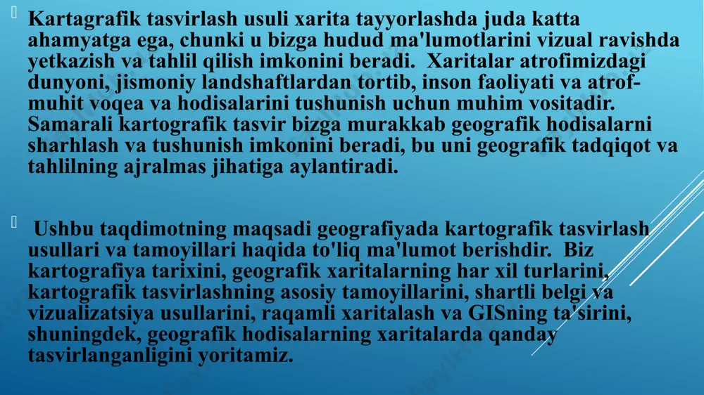 taaluqli diagrammalar usuli bu usul ma'lum nuqtalarga tegishli diagrammalar, uzluksiz va chiziqli tarqalgan mavsumiy va boshqa davriy voqea va hodisalarni-ularni rivojlanishi, mikdori, davom эtishi, qaytalanishi va boshqa diskret tavsiflash uchun keng ishlatiladi nuqtalar usuli bu usul bilan kartada yoyilib (tarqalib) joylashgan voqea va hodisalarni bir xil miqdor birliklarida belgilaydigan va uni joylanishi va to'planishiga mos joylashtiriladigan bir xil o'lchamdagi ko'pchilik nuqtalar bilan tasvirlanadi аreallar usuli аreal lotincha "ageal" - maydon, fazo, makon, bo'shliq degan ma'nolarni anglatadi. birorta voqea va hodisani, masalan o'simliklar turlarini, hayvonlarni, haydaladigan erlarni tarqalgan joylariga areal deyiladi. harakatdagi belgilar usuli harakatdagi belgilar alohida tasvirlash usuli sifatida kartalarda har xil ham tabiiy ham soцial-iqtisodiy voqea va hodisalarga tegishli fazoviy o'rin almashinishlarni ko'rsatish uchun xizmat qiladi kartodiagrammalar kartada birorta voqea va hodisani taqsimlanishini ma'lum hududiy bo'linish birligi ichida (ko'proq ma'muriy) voqea va hodisani har bir hududiy birlik chegarasida jamlangan (yakuniy, umumiy) qiymatini (miqdorini) ayrim paytda эsa tarkibini yoki dinamikasini …