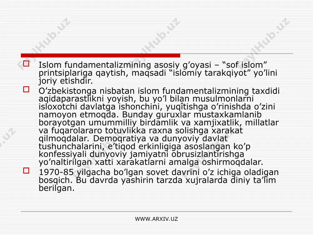 inqilobga olib boradi. fikriy inqilobning orqasidan esa siyosiy inqilob keladi. mana shu vazifani ado etgan avlodning o’zi esa xokimiyatga keladi. www.arxiv.uz www.arxiv.uz bu maqsadlarni amalga oshirish va olamda yuz berayotgan voqea xodisalarga xizbning munosabatini bildirish uchun partiya 1989 yildan boshlab “alva’y” (“ong”) nomli oylik jurnalni turli xillardagi tarjimasi bilan davomiy chiqarib kelmoqda. xususan mazkur jurnalning o’zbek tilidagi 140 dan oshik soni mamlakatimizda maxfiy ravishda tarqatilganligi ma’lum. “hizbut-taxrir al-islomiy” diniy tashkilotining kurash bosqichlari: tashviq-tushuntirish ishlari ongi to’liq shakllangan yoshlarni o’z tuzog’iga ilintirish. fikri zaif ta’sirga beriluvchi huquq targ’ibot organlari xokimiyatlardagi ma’sul shaxslarni o’z tarafiga ogdirish. www.arxiv.uz www.arxiv.uz www.arxiv.uz www.arxiv.uz tafoul- birgalikda xarakat qilish fikriy kurash orqali “ummatning oyokqà turishi fikriy ongligiga va kelajak masalalarini idrok qilishga erishishi” yo’lida fikriy inqilobga yetishish. inqilob-to’ntarish xukumatni yaratilgan ummat orqali qo’lga kiritish. ularning xam boshqa diniy ekstermistik tashkilotlar kabi mavjud konstitutsiyaviy tuzumni ag’darib tashlab xokimiyatga kelishga intiladilar. yagona siyosiy iqtisodiy xududiy kenglik-xalifalik davlatini ko’rish ularning …