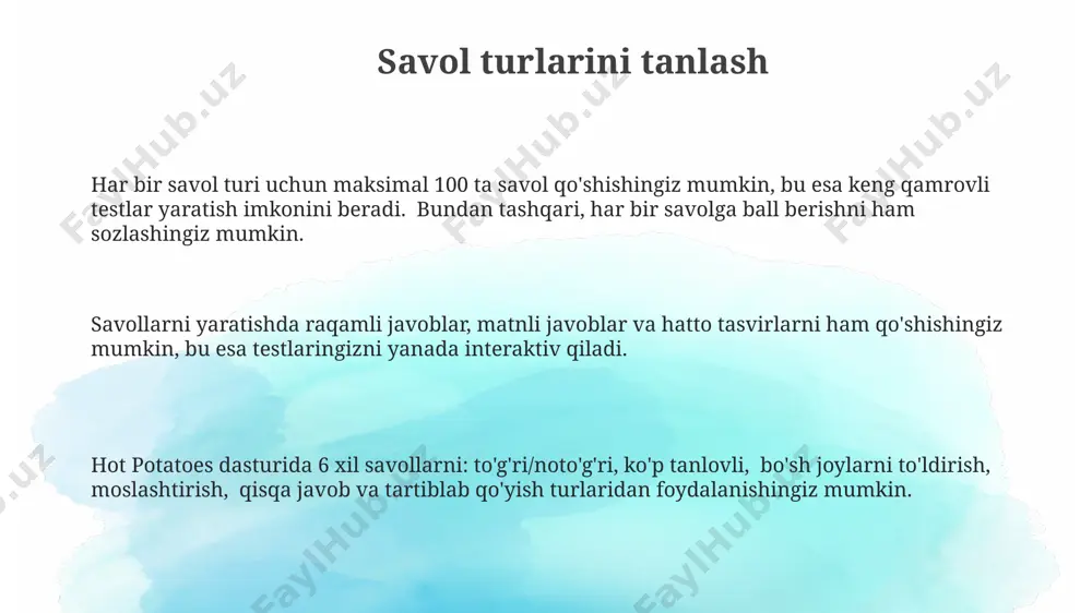 aksimal 15 ta belgi, shu jumladan boʻshliqlar ham hisobga olinadi va bu cheklovni hisobga olish kerak. krossvord yaratishda, soʻzlarni gorizontal va vertikal ravishda joylashtirish imkoniyati mavjud boʻlib, ularning oʻzaro kesishishi orqali 2 yoki undan ortiq soʻzlarni birlashtirish mumkin. krossvordning murakkabligini sozlash krossvordlar murakkabligini sozlashda, hot potatoes 5 ta qiyinchilik darajasini (yangidan oson, o'rtacha, qiyin, juda qiyin) taklif etadi va har bir daraja uchun jumboqlar sonini, savollar sonini va so'zlar uzunligini o'zgartirish mumkin. hot potatoes yordamida krossvordlar murakkabligini oshirish uchun 20 tadan ortiq so'zlardan foydalanib, sinonimlarni qo'shish va grammatik jihatdan murakkab savollar tuzish mumkin. krossvord yaratishda, har bir savol uchun 3-7 ta harfdan iborat javoblarni belgilash mumkin va shu bilan birga, harflarning joylashuvini, gorizontal yoki vertikal yo'nalishini tanlash imkoniyati mavjud. testning murakkabligini sozlash jazo ballarini (masalan, notoʻgʻri javob uchun 1 ball kamaytirish) va toʻgʻri javoblar uchun qoʻshimcha ballar (masalan, toʻgʻri javob uchun 2 ball) berish orqali testning murakkabligi va baholash tizimini …