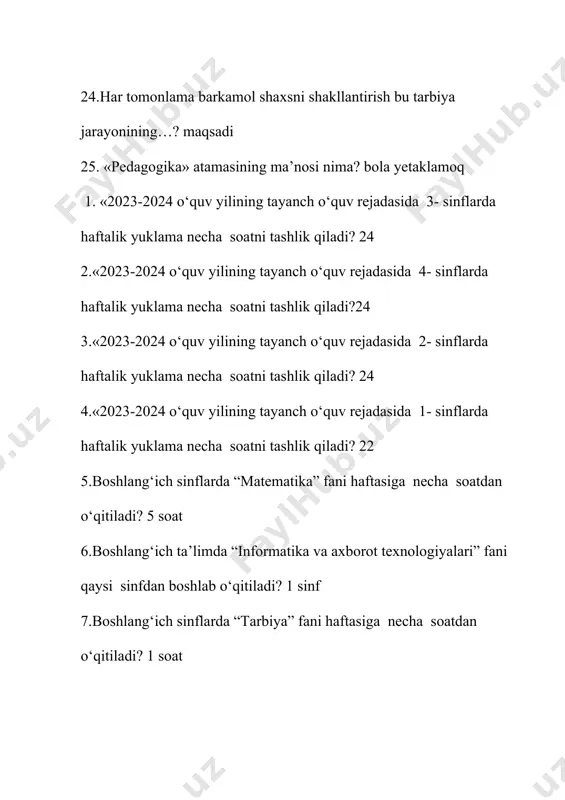 umumiy tarzda takrorlash yodga tushirish, nazorat ishini о‘tkazish va uy vazifasi о‘rganilganlarni qayta takrorlash maqsadida amalga oshiladi. bu qaysi dars tuzilishi? о‘quvchilarning bilim, kо‘nikma va malakalarini nazorat qilish darsining tuzilishi; 4.о‘qishni tashkil etishning qaysi shakli antik davr va о‘rta asrlarda yagona usul bо‘lgan, undan ba’zi mamlakatlarda 18 asrgacha keng foydalanilib kelingan? individual 5.qandaydir yangi, betakror narsa yarata olish layoqati, badiiy shakl yaratish, fikrlash, g‘oya va yechimga olib keluvchi aqliy jarayon javobi qaysi javobda tо‘g‘ri berilgan? kreativlik 6.kognitiv tushunchasining ma’nosi qaysi javobda kо‘rsatilgan? shaxsning mustaqil fikrlash jarayoni 7.mafkura tushunchasi qaysi tildan olingan va lug‘aviy ma’nosi? arabcha -fikrlar majmui 8.ma’rifat sо‘zi qaysi tildan olingan va lug‘aviy ma’nosi? arabcha –bilish, ma’lumot, tanishish 9.kompetensiya tushunchasiga tо‘g‘ri ta’rif berilgan qatorni aniqlang? bilim, kо‘nikma, malaka, qadriyat, boshqa shaxsiy sifatlar, ijobiy natijalarni faoliyatda kо‘rinishi 10.kuzatish metodiga- tо‘g‘ri berilgan ta’rifni toping? obyektiv borliqdagi narsa-xodisalarni tizimli, uzluksiz batartib, mukamal idrok qilish jarayoni. 11.ta’lim mazmunida bir-biriga yaqin bо‘lgan fanlar va …