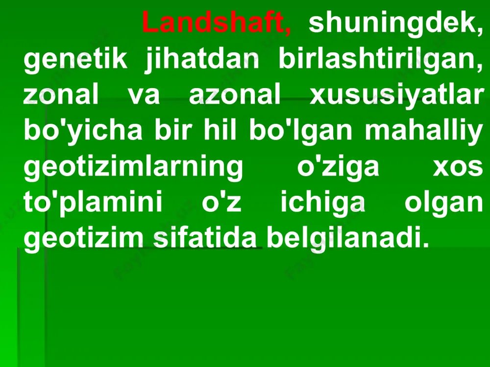 agi biota o'zgaradi: o'rmonlarni kesish, yerlarni haydash, ekinlar, plantatsiyalar, cho'llardagi vohalar va boshqalar. litojenik asos ko'pincha tuproq bilan birga o'zgarib turadi: tog'-kon maydonlarining karer-axlatxonalari, shahar va sanoat binolari. aksariyat zamonaviy tabiiy va antropogen landshaftlar inson mehnati mahsulotlari (turli tuzilmalar, jihozlar, materiallar va sanoat chiqindilari) bilan to'yingan. hozirgi vaqtda sanoat chiqindilari turli xil kimyoviy birikmalar ko'rinishidagi landshaftlarga tabiiy nurash, organik qoldiqlarning minerallashuvi va vulkanizmdan ko'ra ko'proq kirib boradi. biogeokimyoviy sikllarning buzilishi va biotaning shikastlanishi zamonaviy landshaftlarning tuzilishi va genofondida o'zgarishlarga olib keladi. tabiiy-antropogen landshaftlar ko'pincha nafaqat tabiiy, balki antropogen energiya asosiga ham ega. ibtidoiy shakllarda bu odamning mushak kuchi va qoralama hayvonlar, sun'iy yong'inlar. zamonaviy shakllarda bu turli xil mashinalarning (traktorlar, avtomobillar, buldozerlar, ekskavatorlar va boshqalar) mexanik energiyasi, shuningdek, atom elektr stantsiyalari, issiqlik elektr stantsiyalari, gidroelektrostantsiyalar va boshqalarning issiqlik va elektr energiyasidir. tabiiy-antropogen landshaftlar ularning strukturaviy va funksional xilma-xilligi, binobarin, evolyutsion moslashuvchanligi yoki plastikligining oʻzgarishi bilan tavsiflanadi. bu vertikalda ham, ularning …