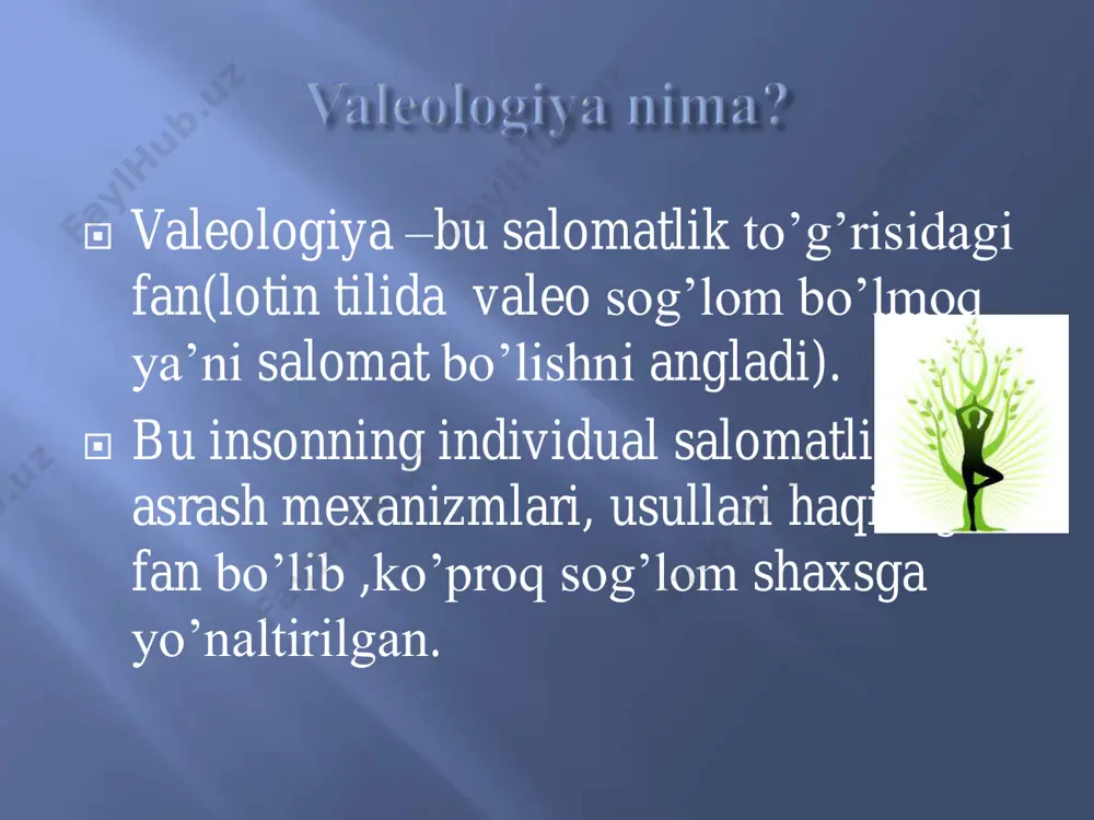 ning jamiyatda, davlatda tutgan o`rni – bularning bari manaviyatni ta`riflovchi sifatlardir. inson bir umr jamiyatda, ijtimoiy muhitda yashaydi, shuning uchun har birimizning ma`naviy shakllanib borishimiz oilamizga, jamiyatga va davlatimiz obro`siga, ravnaqiga etishi mumkin. ma`naviyat masalasini to`g`ri tushunish va to`g-ri baholash har fuqaro va umuman aholi uchun sttning asjsi hisoblanadi.  tafakkurga  irodasiga  his-tuyg’ulariga aql va fikrlash jarayonlarini-mantiq fani o’rganadi, inson irodasi-etika faniga taaluqli, his tuyg’ular –estetika fani o’rganadi, bu zanjirdagi so’nggi ikkita halqani psixologiya faniga ham kiritish mumkin. aynan psixologiya sttsh da ikkinchi muhim aspekt bo’lib hisoblanadi. shu bilan birga psixologiya inson tafakkurining tashqi dunyoga bo’lgan ta’sirini ham o’rganadi. ruhiy aspekt sttsh da alohida etiborga ega va ma’naviyat bilan uzviy bog’liqdir.  inson fel-atvorini, ichki dunyosini shakllantiruvchi nasliy omillarni  shaxs o’sib shakllangan muhitning ta’siri , ya’ni tashqi omillarni  valeologik amaliyotda odamlar to’rtta tipga bo’linadi. ma’lumki, gippokrat odamlarni xolerik, sangvinik, melanxolik va flegmatiklarga ajratgan, muloqotlar chog’ida tushuntirish …