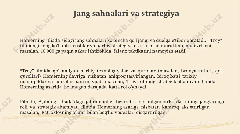 uri – siyosiy, shaxsiy va harbiy – o‘zaro bog‘liq bo‘lib, voqealar rivojiga sezilarli ta’sir ko‘rsatadi va qasos, nafrat kabi his-tuyg‘ularni keltirib chiqaradi. "troy" filmidagi qahramonlar filmda priamning obrazi gommerdagi obrazidan ancha farq qiladi, uning qarigan va zaifligi aks ettirilgan bo'lsa-da, diplomatik va siyosiy jihatlari ancha soddalashtirilgan. "troy" filmida 50 dan ortiq qo'shimcha personajlar qo'shilgan bo'lib, ular gommer asarlarida tilga olinmagan yoki faqatgina nomlari eslatib o'tilgan jangchilar va qahramonlardir. "troy" filmidagi akhilleys obrazi, garchi qahramonona bo'lsa-da, gommerik akhilleysning g'azab va o'ziga xos xususiyatlarini to'liq aks ettirmaydi, uning obraziga filmda 10 dan ortiq sahnalar bag'ishlangan. e'tiboringiz uchun rahmat @taqdimot_robot