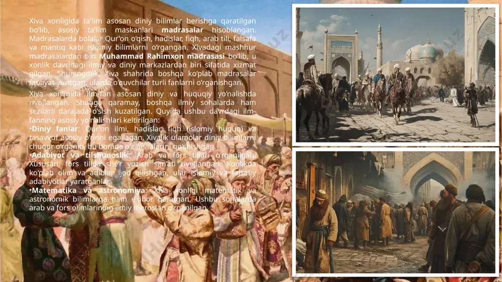 jumladan, mashhur shoir va mutafakkirlarning asarlari turkiy tilga tarjima qilingan. xiva tarjimonlari, xususan, ogahiy, sa’diy, hofiz va jomiyning asarlarini tarjima qilgan. xiva xonligida tarixnavislik va tarjima ishlari o‘ziga xos rivojlanish bosqichlarini bosib o‘tgan. munis va ogahiy kabi mashhur tarixchilar tomonidan yozilgan asarlar nafaqat xonlikning siyosiy tarixini, balki xalqning madaniy hayotini ham yoritib bergan. tarjima ishlari orqali arab va fors tillaridagi ilmiy, adabiy va diniy asarlar mahalliy tilda tarqatilgan, bu esa ilm-fan va madaniyat rivojiga katta hissa qo‘shgan. xiva xonligining tarixnavislik va tarjima an’analari bugungi kunda ham ahamiyatini yo‘qotmagan. 3 kitobat san’atining asosiy jihatlari: qo‘lyozma kitoblar: xiva xonligida yaratilgan ilmiy va adabiy qo‘lyozmalar diniy, tarixiy va adabiy asarlarni o‘z ichiga olgan. bu kitoblar maxsus hunarmandlar tomonidan bezatilgan va qimmatbaho qog‘ozlar va siyoh bilan yozilgan. kutubxonalar: xiva xonligida kitob saqlash va nusxalash ishlari bilan shug‘ullanuvchi maxsus kutubxonalar mavjud bo‘lib, ularda madaniy va ilmiy meros to‘plangan. ushbu kutubxonalar xattotlar va kitobotchilar uchun muhim …