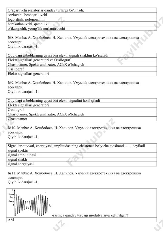 онбобоев, н. халилов. умумий электротехника ва электроника асослари. qiyinlik darajasi -1; -quyidagi shartli belgi qanday tranzistor p-n-p tranzistor ikkita p- soha va bitta n- sohaga ega p-n-p tranzistor ikkita p- soha va ikkita n- sohaga ega n-p-n tranzistor ikkita n-soha va bitta p-sohaga ega p-n-p tranzistor bitta p- soha va ikkita n- sohaga ega №16. manba: а. хонбобоев, н. халилов. умумий электротехника ва электроника асослари. qiyinlik darajasi -1; o‘zgarmas tok kuchaytirgichlari deb nimaga aytiladi? vaqt bo‘yicha o‘zgarmaydigan signallarni kuchaytiruvchi qurilmaga aytiladi vaqt bo‘yicha bir tekis o‘zgaradigan signallarni kuchaytiruvchi qurilmaga aytiladi vaqt bo‘yicha o‘zgaradigan impulsli signallarni kuchaytiruvchi qurilmaga aytiladi vaqt bo‘yicha o‘zgaradigan signallarni kuchaytiruvchi qurilmaga aytiladi №17. manba: а. хонбобоев, н. халилов. умумий электротехника ва электроника асослари. qiyinlik darajasi -1; polosali filtr deb nimaga aytiladi: aniq bir chastota oralig‘iga sozlangan filtr polosali filtr deyiladi aniq bir chastotaga sozlanmagan filtr polosali filtr deyiladi past chastotaga sozlangan filtr polosali filьtr deyiladi yuqori chastotaga …