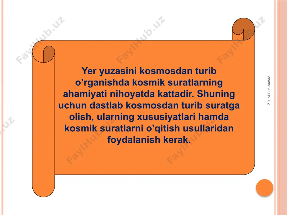 ari sun’iy yo‘ldoshlar yordamida rangli televideniya sistemasida ham katta yutuqlar qo‘lga kiritilgan. www.arxiv.uz sayyoramizda sodir bo‘layotgan barcha jarayonlarni sayyora miqyosida kuzatib turish, inson xo‘jalik faoliyatini yaxshilash uchun zarur ma’lumotlar olish, atmosfera, yer yuzasi va dunyo okeanini muttasil nazorat qilib turuvchi kosmik apparatlar sistemasi va kosmik suratlarsiz tasavvur qilib bo‘lmaydi. www.arxiv.uz qo’qon shahrining kosmosdan olingan surati. www.arxiv.uz xulosa: astronomik apparatlarning atmosferadan foydalanishi natijasida mars, venera va yupiter kabi sayyoralarda hozirgi kunda tektonik jarayonlar davom etayotganligi qimmatli va salbiy oqibatlarga olib keluvchi ma’lumotlardan biri hisoblanadi. www.arxiv.uz foydalanilgan adabiyotlar. 1. t. mirzaliyev kartografiya. toshkent: 1982. 2 t. mirzaliev kosmosning xalq xo‘jaligidagi xizmati. toshkent: «mehnat», 1987. 3.m.mirzaliev asomov, t.mirzaliev topografiya asoslari va kartografiyadan labaratoriya mashg‘ulotlari. toshkent: «o‘qituvchi», 1990. 4. http://ziyonet.uz www.arxiv.uz image4.png image5.jpeg image6.jpeg image7.jpeg image8.wmf oleobject2.bin image9.png image10.wmf oleobject3.bin image11.jpeg image12.png image13.jpeg image14.png image15.jpeg image16.jpeg image17.jpeg image18.jpeg image19.jpeg image20.jpeg