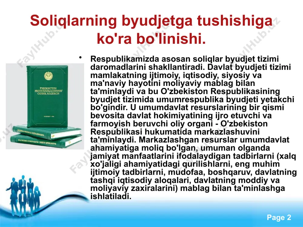 tizimida) tashkil qilish kiradi. shu yerda davlat kuchli sotsial siyosat tadbirlarini amalga oshirish uchun pensionerlar, nafaqaxo'rlar, talabalar, ko'p bolali onalar va boshqalarni ko'proq mablag bilan ta'minlash zarurligini anglab cheklangan tovarlar bahosidagi farqni byudjet hisobidan qoplaydi va ularga boshqa xarajatlarni davlat hisobidan amalga oshiradi, mahallalarda kam ta'minlanganlarga moddiy yordamlar tashkil etadi. free powerpoint templates page ‹#› mahalliy byudjetlar o'zbekiston respublikasi byudjet tizimining muhim tarkibiy qismini tashkil etadi. ular davlat hokimiyatining har bir mahalliy organi o'z faoliyatini amalga oshirishi uchun uning ixtiyorida aniq moliyaviy baza yaratadi. mahalliy byudjetlar tizimi mahalliy talab-ehtiyojlarni to'laroq hisobga olish hamda davlat tomonidan markazlashgan tartibda amalga oshiriladigan tadbirlar bilan to'gri olib borish imkonini beradi, mahalliy hokimiyat organlari mahalliy byudjet daromadlarining ko'payishi va resurslarning tejamkorlik bilan sarflanishi to'grisida tinmay gamxo'rlik qiladi, chunki joylarda iqtisodiyot va madaniyatning yuksalish sur'atlari to'gridan-to'gri mahalliy xo'jalik zahiralarini safarbar qilish, mablaglarni tejab ishlatish borasidagi ishlarni tashkil etish bilan bogliq bo'ladi, bu esa o'z navbatida umuman …