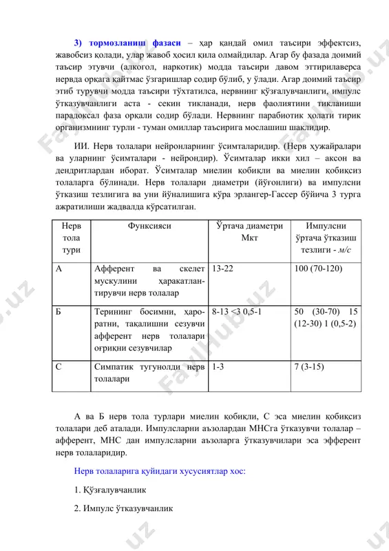 диаметри (йўғонлиги) ва импулсни ўтказиш тезлигига ва уни йўналишига кўра эрлангер-гассер бўйича 3 турга ажратилиши жадвалда кўрсатилган. нерв тола тури функсияси ўртача диаметри мкт импулсни ўртача ўтказиш тезлиги - м/с а афферент ва скелет мускулини ҳаракатлан-тирувчи нерв толалар 13-22 100 (70-120) б терининг босимни, ҳаро-ратни, тақалишни сезувчи афферент нерв толалари оғриқни сезувчилар 8-13 <3 0,5-1 50 (30-70) 15 (12-30) 1 (0,5-2) с симпатик тугунолди нерв толалари 1-3 7 (3-15) а ва б нерв тола турлари миелин қобиқли, с эса миелин қобиқсиз толалари деб аталади. импулсларни аъзолардан мнсга ўтказувчи толалар – афферент, мнс дан импулсларни аъзоларга ўтказувчилари эса эфферент нерв толаларидир. нерв толаларига қуйидаги хусусиятлар хос: 1. қўзғалувчанлик 2. импулс ўтказувчанлик 3. импулсни бир йўналишда ўтказиш (лекин ажратиб олинган нерв толаларида эса импулс нерв толаси бўйлаб икки томонлама ўтказилади). 4. импулс фақат таъсирланган нерв толалари бўйлаб ўтказилади. 5. импулслар нерв толалари бўйлаб камаймасдан (декре-ментсиз) ўтказилади, яъни импулслар нерв толаси бўйлаб бир …