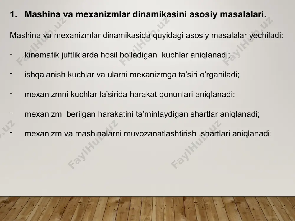 tiklik kuchlariga; - inertsiya kuchlariga. 3. mashinaning harakat tenglamasi har qanday mashina harakatida uch asosiy davr bor: t1 - mashina yurgizilish davri; t2 - mashinaning barqaror yurish davri; t3 - mashinaning toxtash davri; 4.mexanizm zvenolaridagi inersiya kuchlari 7 inersiya kuchi mashina va mexanizm zvenolariga butun uzunlik bo’yicha taqsimlangan kuchlar qatoriga kirib, uning qiymatlari tezlanishlarga to’g’ri proporsional ravishda o’zgaradi: – zveno massasi, kg; – zveno og’irlik markazining tezlanishi, ; - zvenoning og’irlik markaziga nisbatan inersiya momenti, ; - zvenoning burchak tezlanishi, ; manfiy ishora inersiya kuchi tezlanishga, inersiya kuchlar momenti burchak tezlanishiga teskari yo’nalishini ko’rsatadi - inersiya kuchi, n; - inersiya kuchlar momenti, nm tekis parallel harakatdagi zveno uchun. bc zveno s – zvenoning og’irlik markazi ilgarilanma harakatdagi zveno uchun aylanma harakatdagi zveno uchun ‘ab’ zvenoning og’irlik markazi qo’zg’almas ‘a’ nuqtada bo’lganda 5. кinematik juftliklardagi reaksiya kuchlari boshqa jismlar bilan bog’liq bo’lmagan va ixtiyoriy tomonga harakatlanishi mumkin jism – erkin jism …
