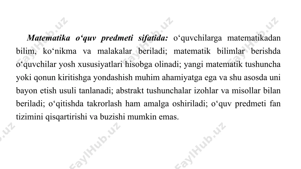 o‘qitishning mazmuni va vazifalari maktabda matematika o‘qitishning asosiy maqsadlari quyidagilar: umumta’lim, tarbiyaviy va amaliy maqsadlar. umumta’lim maqsadlari: o‘quvchilarga ma’lum matematik bilim, ko‘nikma va malakalar sistemasini berish; o‘quvchilarga olamni o‘rganishning matematik usullarini egallashlariga yordam berish; o‘quvchilarni og‘zaki va yozma matematik nutqqa o‘rgatish; o‘quvchilarning ta’lim jarayonida va o‘z ustida ishlashlarida faol bilish faoliyatini oshirish uchun zarur bilim, ko‘nikma va malakalar bilan qurollanishga hamda qo‘llashlari uchun yetarli matematik ma’lumotlarni olishiga erishish. tarbiyaviy maqsadlari: matematika faniga bo‘lgan turg‘un qiziqishni tarbiyalash; o‘quvchilarni axloqiy, ma’naviy-ma’rifiy, iqtisodiy, estetik va ekologik tarbiyalash (masalan, mehnatga hurmat, burch hissi, go‘zallik, ziyraklik, iroda va chidamlilik va h.k. xislatlarni tarbiyalash); o‘quvchilarning matematik tafakkur va qobiliyatlarini rivojlantirish, ularda matematik madaniyatni shakllantirishdan iborat. amaliy maqsadlari: olingan bilimlarni oddiy hayotiy masalalarni yechishga, boshqa o‘quv fanlarni o‘rganishda qo‘llay olish ko‘nikmalarini shakllantirish; matematik asboblar va jihozlardan foydalana olishga o‘rgatish; bilimlarni mustaqil egallay olish ko‘nikmalarini tarkib toptirish. umumiy o‘rta ta’lim maktablarining 5-9-sinflari uchun matematikadan davlat ta’lim standarti (ta’lim …