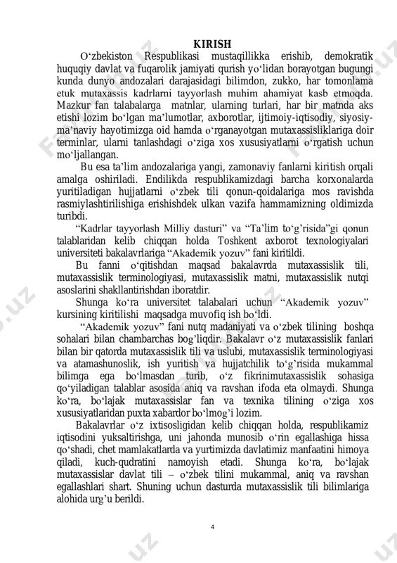 ga, uni jahonda munosib o‘rin egallashiga hissa qo‘shadi, chet mamlakatlarda va yurtimizda davlatimiz manfaatini himoya qiladi, kuch-qudratini namoyish etadi. shunga ko‘ra, bo‘lajak mutaxassislar davlat tili – o‘zbek tilini mukammal, aniq va ravshan egallashlari shart. shuning uchun dasturda mutaxassislik tili bilimlariga alohida urg’u berildi. 5 hozirgi kunda o‘zbek tilining ijtimoiy mavqei tobora ortib borayotganligi, lotin yozuviga asoslangan o‘zbek alifbosi va imlo qoidalarining joriy etilganligi, ish yuritishda to‘liq davlat tiliga o‘tilganligi barcha mutaxassislarning millatidan qat’iy nazar, o‘zbek tilini puxta egallashlarini taqozo etmoqda. shu bois, mazkur o‘quv kursining o‘qitilishi muayyan amaliy yo‘nalishga ega bo‘lib, bakalavr mutaxassislik tili bo‘yicha nazariy bilim va amaliy ko‘nikmalarni, o‘z sohasiga oid so‘z va terminlarni, hujjatlarni to‘g’ri yozish malakasini hosil qilishni ko‘zda tutadi. bo‘lajak mutaxassisning kasbiy layoqati va mahorati hozirgi davrda o‘z kasbining madaniyati asoslari hamda notiqlik me’yorlarini ham bilishni taqozo etmoqda. fanni o‘qitish tamoyillari, mazmuni va uslubini o‘zgartirib, talabalarning yozma nutqiy ko‘nikmalarni takomillashtirish, o‘zbek tilining boy imkoniyatlaridan o‘z …