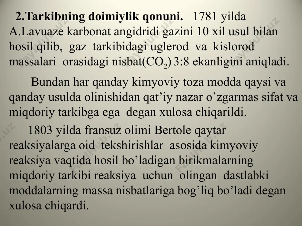 azning bosimi uning mutloqharoratiga to’g’ri proportsional. v = const p/t = const. bu uchchala qonunni birlashtirilsa, gazlarning holat tenglamasi kelib chiqadi: p1*v1/t1= p2*v2/t2 p 1 , v 1 , t1 - ma’lum miqdor gazning bosimi, hajmi, harorati. p 2, v2, t2 – shu gazning boshqa sharoutdagi bosimi,hajmi va harorati. agar shu gazning normal sharoitdagi bosimi, hajmi, harorati hisobga olinsa po*vo/to=r r- nisbat ma’lum miqdor gaz uchun o’zgarmas qiymatdir. agar bu nisbat 1 mol modda uchun olinsa, uni gaz doimiysi deyiladi. po= 101,325 kpa, to=273 t, vo=22,4 l bo’lsa bu qiymat 8,31 j/molga teng. 1961 y.da atomning massa birligi qabul qilingan.(m.a.b.). ba’zan bu tushuncha atomning uglerod birligi deyiladi(a.u.b.) atomning uglerod birligida ifodalangan massasi atom massa deyiladi.bunda barcha hisoblashlar uglerodning 126c izotopiga nisbatan olib boriladi.shunday o’lchovga ko’ra kislorodning nisbiy atom massasi 15,9994 ga vodorodning nisbiy atom massasi 1,0079 a.u.b. ga teng. 12 g uglerodning 126c izotopida qancha molekulalar,atomlar,ionlar,elektronlar va bosqa struktura birliklari …