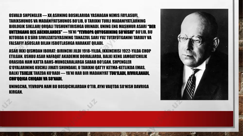 r madaniyat bilan sivilizatsiya tushunchalari o‘rtasida keskin farq qo‘yadi. madaniyat — bu ruhiy va san’atkorona ifoda davri, sivilizatsiya esa madaniyatning qotib qolgan, ichki mazmunsiz qoldig‘i deb qaraladi. uningcha, bugungi g‘arb aynan sivilizatsiya bosqichida — ya’ni tanazzul yo‘lida turibdi. "yevropa quyoshining so‘nishi" — osvald shpenglerning eng mashhur falsafiy-analitik asaridir. asarda muallif tarixga morfologik yondashadi va g‘arb tsivilizatsiyasining bosqichma-bosqich tanazzulga yuz tutayotganini ko‘rsatadi. u madaniyatlar hayotini inson umriga o‘xshatadi: tug‘ilish, o‘sish, cho‘qqiga chiqish va so‘nish. asar 2 jilddan iborat: 1-jild (1918): madaniyatning shakllanishi, san’at, din va falsafa 2-jild (1922): siyosat, iqtisod, davlat va imperiyalar tanazzuli shpengler asarda g‘arb tsivilizatsiyasi allaqachon sivilizatsiya bosqichiga o‘tganini va ijodiy kuchlardan ayrilganini ta’kidlaydi. bu esa uningcha — tanazzul boshlanganidan dalolatdir. shpenglerning qarashlari : madaniyatning siklik tabiati: shpenglerning fikricha, tarix chiziqli emas, balki tsiklikdir. har bir madaniyat inson hayotidagi kabi bosqichlardan o‘tadi: tug‘ilish, rivojlanish, cho‘qqiga chiqish va so‘nish. madaniyat va sivilizatsiyaning farqi: madaniyat — bu ijodiy va ruhiy …