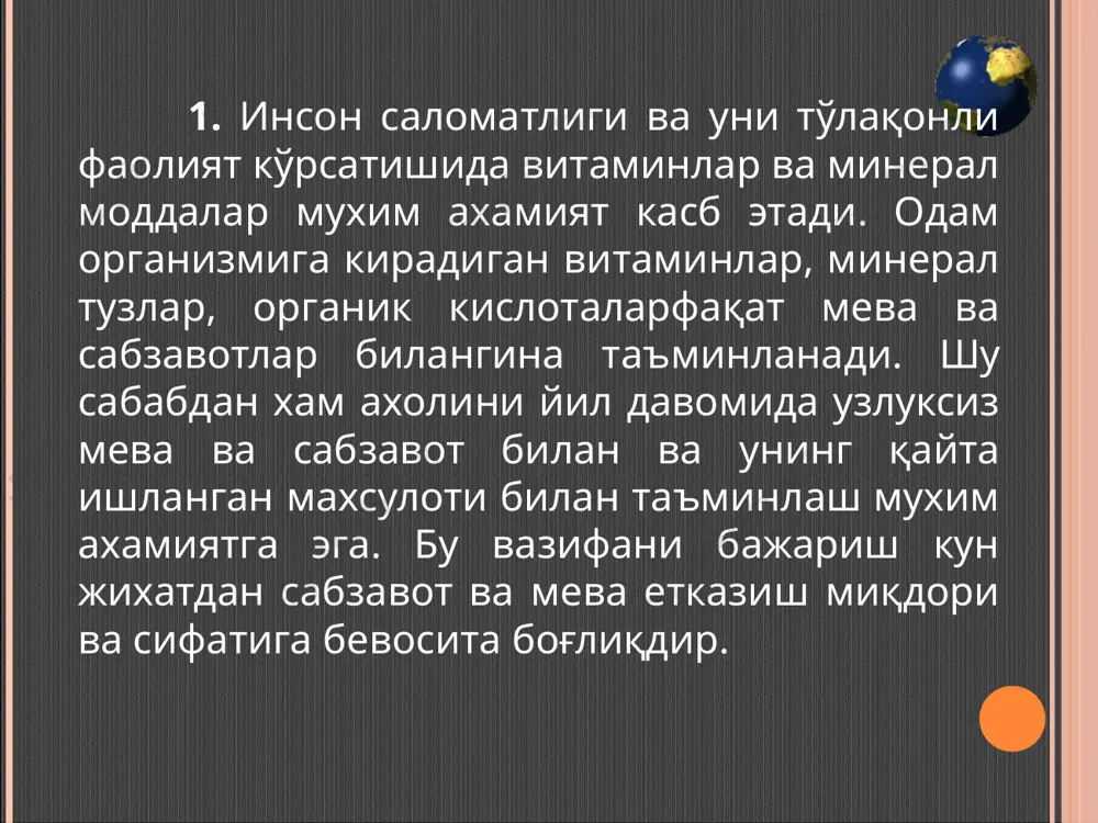 ий томонга ўзгарса махсулотда миқдор исрофгарчилиги пайдо бўлади. масалан, сақлашга қўйилган карам уюми орасида хаво айланиши яхши бўлмаса унинг бошлари сариқ ранга кира бошлайди. бундай карамни саралаб яна уюмга тахлайдиган бўлсак, унда бу жараён давом этиб махсулот сифати бузилади. бунда энг мақбул йўл уни сотувга чиқаришдир. 3. мева ва сабзавотларни хосили сақлаш учун йиғиштирилаётганда уни ихоятда эхтиёткорлик билан ёиғиштириб олиш зарур. масалан, илдизмевалар хосили йиғиштиришда комбайн иш чуқурлиги яхши созланган бўлиши, тупроқ намлиги меёрда бўлиши керак. биз техникани яхши созламсак у илдизмевага механик зарар етказади. тупроқ нами қочган бўлиб ер ўтиб кетса кавлашда илдиз мева зарарланади, ички деформация вужудга келадики оқибатда кейинчалик илдизмева шу захаланган жойидан чирий бошлайди. бундан ташқари тупроқ ортиқча нам бўлса, илдизмеваларга лой йопишиб қолади, натижада уюдаги намлик лойнинг хисобига йўл қўйиладиган миқдордан ортиб кетади ва махсулотларда нафас олиш жараёни жаддаллашади. бунинг оқибатида махсулотдаги запас модданинг кўп қисми нафас олиш учун сарфланиб кетади ва махсулот ортиқча нам …