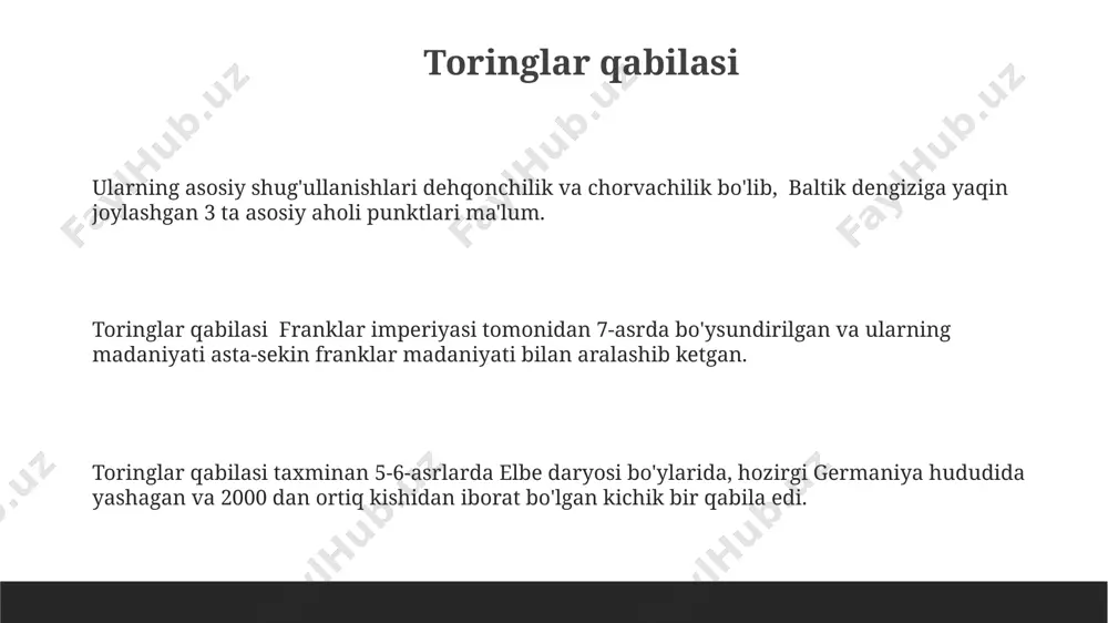 rchas bog'liq bo'lib, 300 dan ortiq qabristonlar topilgan. o'rta asr german qabilalarining kelib chiqishi german qabilalarining etnik kelib chiqishi hali ham munozarali masala boʻlib, arxeologik dalillar ularning shimolda skandinaviya, sharqda sharqiy yevropa va janubda alp togʻlari hududlaridan kelgan koʻchmanchilar bilan aloqadorligini koʻrsatadi. oʻrta asr german qabilalarining koʻpchiligi miloddan avvalgi i asrdan boshlab reyn daryosi, elba daryosi va dunay daryosi boʻylarida joylashgan hududlardan kelib chiqqan boʻlib, ularning soni yuz minglab kishini tashkil etgan. miloddan avvalgi 1-asrda germaniyada taxminan 100 dan ortiq turli qabilalar guruhlari mavjud boʻlib, ularning har biri oʻziga xos madaniy va siyosiy tuzilmalarga ega boʻlgan. frizlar qabilasi friziylar qabilasi taxminan 7-9-asrlar oraligʻida germaniyaning shimoliy-gʻarbiy qismida, hozirgi gessen va reynland-pfalts yerlarida yashagan boʻlib, ularning hududi fulda daryosi vodiysi bilan chegaralangan. arxeologik qazishmalar friziylar qabilasi aʼzolarining turmush tarzi va madaniyati haqida maʼlumot beradi. masalan, ularning 100 dan ortiq turar joylari topilgan boʻlib, bu ularning soni va muhim aholi punktiga ega boʻlganliklaridan …