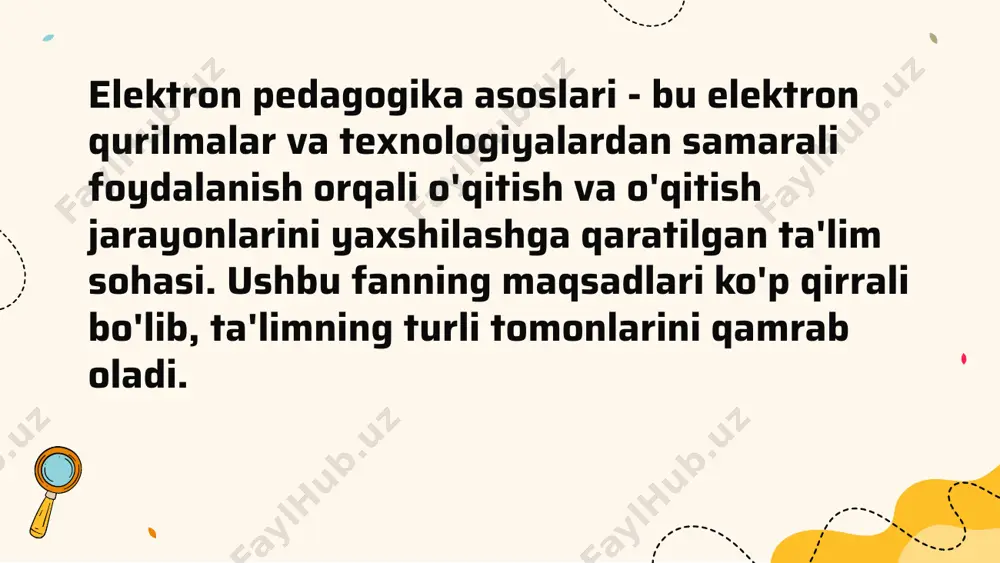 rli ehtiyojlari va o‘rganish uslublariga javob beradigan yanada interfaol va qiziqarli muhit yaratishlari mumkin. elektron pedagogikaning yana bir muhim jihati raqamli resurslar va onlayn platformalarni o'rganishdir. ushbu manbalar talabalarga ko'plab ma'lumotlar, o'quv materiallari va interaktiv ta'lim tajribasidan foydalanish imkonini beradi. onlayn platformalar orqali talabalar virtual simulyatsiyalar, hamkorlikdagi loyihalar va real vaqt rejimidagi munozaralarda qatnashishlari, oʻz bilimlarini anʼanaviy darsliklar va sinfxonalardan tashqarida kengaytirishlari mumkin. bundan tashqari, elektron pedagogika asoslari raqamli savodxonlik ko'nikmalarining muhimligini ta'kidlaydi. bugungi raqamli asrda raqamli resurslardan foydalanish, baholash va samarali foydalanish akademik muvaffaqiyat va kelajakdagi martaba istiqbollari uchun juda muhimdir. talabalar axborot savodxonligi, raqamli muloqot, tanqidiy fikrlash va internetda mavjud bo'lgan katta hajmdagi ma'lumotlardan foydalanish uchun muammolarni hal qilish kabi ko'nikmalarni rivojlantirishlari kerak. qo'shimcha ravishda, elektron pedagogika faol o'rganish va talabaga yo'naltirilgan yondashuvlarni rag'batlantiradi. elektron qurilmalar va texnologiyalardan foydalangan holda, o'qituvchilar o'quvchilarga o'z bilimlarini egallashlari uchun imkoniyatlar yaratishi mumkin. bunga ijodkorlik, hamkorlik va tanqidiy fikrlashni rivojlantiruvchi interfaol darslar, …