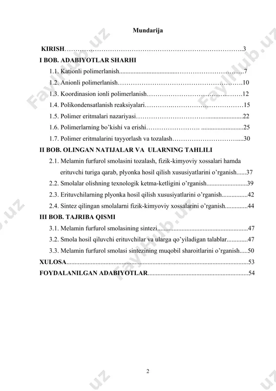 tlarini o’rganish......37 2.2. smolalar olishning texnologik ketma-ketligini o’rganish.........................39 2.3. erituvchilarning plyonka hosil qilish xususiyatlarini o’rganish................42 2.4. sintez qilingan smolalarni fizik-kimyoviy xossalarini o’rganish..............44 iii bob. tajriba qismi 3.1. melamin furfurol smolasining sintezi........................................................47 3.2. smola hosil qiluvchi erituvchilar va ularga qo’yiladigan talablar.............47 3.3. melamin furfurol smolasi sintezining muqobil sharoitlarini o’rganish.....50 xulosa................................................................................................................53 foydalanilgan adabiyotlar..............................................................54 kirish hurmatli prezidentimiz islom karimov o’zbekiston respublikasi oliy majlisi qonunchilik palatasi va senatining qo`shma majlisida “mamlakatimizni modernizatsiya qilish va kuchli fuqarolik jamiyati barpo etish ustivor maqsadimizdir” mavzusida fikrlarini bayon etdilar. oliy majlisning qonun ijodkorligi faoliyatida mamlakatimizda iqtisodiy sohada amalga oshirilayotgan tarkibiy o`zgarishlarni, qulay investission muhitini shakllantirish, ishlab chiqarishni modernizatsiya qilish va texnik qayta jihozlash, bank moliya tizimini rivojlantirishni normativ huquqiy jihatdan ta`minlash masalalari alohida o`rin egalladi. iqtisodiy islohatlarni qonuniy jihatdan ta`minlashga yo’naltirilgan bir qator tadbirlar 2009-2012-yillarga mo’ljallangan, jahon moliyaviy iqtisodiy inqirozining salbiy oqibatlarini imkon qadar kamaytirilishiga qaratilgan inqirozga qarshi choralar dasturini samarali amalgam oshirishni huquqiy ta`minlash, dunyodagi sanoqli davlatlar …