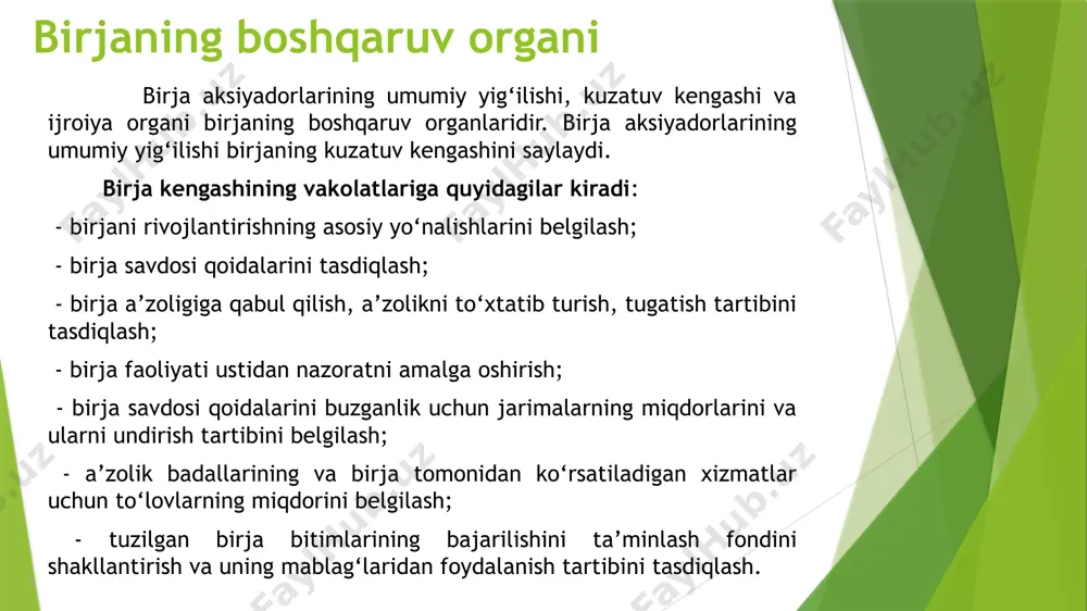 erivativlarning) oldi-sotdi bitimlari (fyucherslar); birja tovarlarini yoki hosila moliyaviy vositalarni (derivativlarni) kelgusida sotib olish yoxud sotish huquqi bilan tuziladigan hosila moliyaviy vositalarning (derivativlarning) oldi-sotdi bitimlari (opsionlar); valyutalarni bir vaqtda olish-sotishga doir bitimlar bo‘yicha hisob-kitoblarni muayyan muddat o‘tgach, avvaldan belgilangan valyuta kursi bo‘yicha amalga oshirish sharti bilan tuziladigan valyutalarni bir vaqtda olish-sotishga doir bitimlar (valyuta svoplari); birja bitimini ro‘yxatdan o‘tkazish va rasmiylashtirish: birja bitimini ro‘yxatdan o‘tkazish va rasmiylashtirish birja savdolari natijalari bo‘yicha yozma yoki elektron shaklda amalga oshiriladi. qimmatli qog‘ozlarga doir birja bitimlarini yozma ravishda rasmiylashtirish talab qilinmaydi. birja bitimlari notarial tartibda tasdiqlanmaydi. e’tiboringgiz uchun tashakkur! /docprops/thumbnail.jpeg