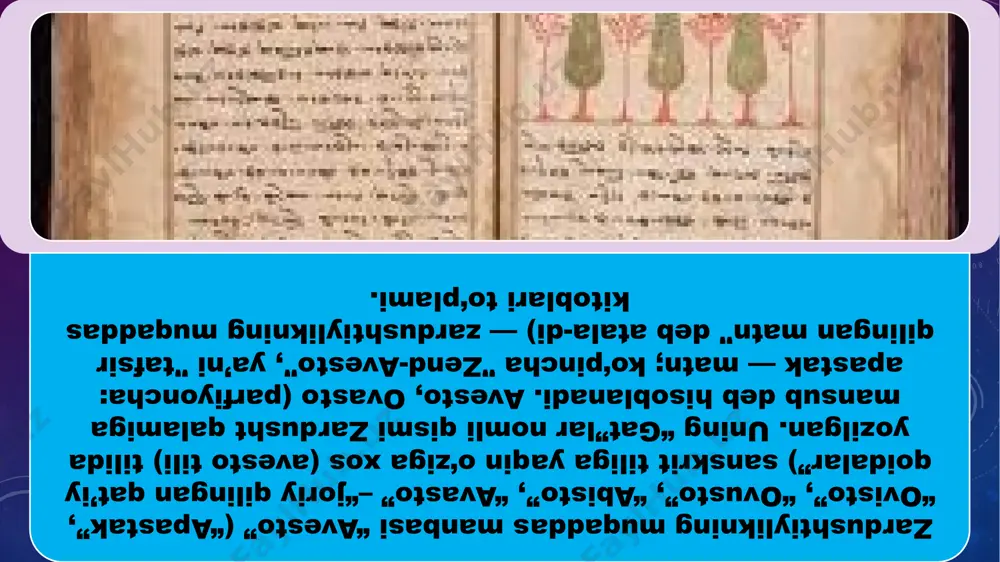 rning hozirgacha mil.avv. 1738 yil shoh vishtasp tomonidan qabul qilingan“fasli” kalendaridan foydalanab kelayotganlarini dalil qilib ko‘rasatadi.zardushtiylikning vatani masalasida ikki xil qarash mavjud. zardushtiylik. spitama qabilasidan bo‘lgan pourushaspa o‘g‘li ashoga zaratushtra (yunoncha – zoroastr, pahlaviycha – zaraxustra “boqiy yulduz” va “chiroyli tuyalarga ega bo‘lgan”) ushbu dinning asoschisi hisoblanadi. zardushtiylar e’tiqodiga ko‘ra, bu nom unga axura–mazda (yunoncha, ormuzd –“donishmandlik sohibi”) tomonidan berilgan. zardushtning yashagan davri va joyi haqida turli taxminlar mavjud. tadqiqotchi m.boysning ta’kidlashicha, u mil.avv. 1500–1200 yillar orasida yashagan.uning fikricha, zardusht o‘z da’vatini kishtosib lafrost ismli podshoh davrida boshlagan.bunga u zamonaviy zardushtiylarning hozirgacha mil.avv. 1738 yil shoh vishtasp tomonidan qabul qilingan“fasli” kalendaridan foydalanab kelayotganlarini dalil qilib ko‘rasatadi.zardushtiylikning vatani masalasida ikki xil qarash mavjud. jumladan, ayrim olimlar zardushtiylik qadimgi eron hududida keng tarqalgani, “avesto”ning sharhlari pahlaviy tilida yozilganidan kelib chiqib, uning vatani midiya (hozirgi eron hududi) deb hisoblasalar, ko‘pchilik tarixchilar esa “avesto”da xorazm zardushtning vatani, axura–mazda bilan aloqa bog‘langan va ozarxurra (muqaddas …
