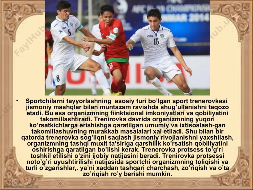 v sistemasining xal qiluvchi rol' o’ynashini i.m.sechenov, i.p.pavlov, n.e.vvedenskiy va a.a.uxtomskiylar o’z tekshirishlarida ko’rsatib berdilar. charchashning rivojlanishida markaziy nerv sistemasi faoliyatining asta-sekin susayishi muxim o’rin tutadi. xar qanday jismoniy ish vaqtida charchashning rivojlanishida eng avvalo markaziy nerv sistemasi funktsional holatining o’zgarishiga bog’liq bo’ladi. agar nagruzkadan nagruzkagacha organizm uzoq vaqt davomida tiklanmasi (va dam olishning noto’g’ri rejimi hamda kasallik na-tijasida sportchi holatining o’zgarishi va boshqa sabablarga aloqa-dor bo’lishi mumkin) tiklanmaslik alomatlari yio’ilaversa fiziologik charchash o’ta charchash holatiga o’tadi. o’ta charchash fiziologik charchashdan farq qiladi. sportchining umumiy holati ish qobiliyatining o’zgarishi bilan birga uning organizmda kator funktsional buzilishlar ruy beradi. sportchilar o’zini yomon xis etadi (masalan, mashg’ulotlardan keyin xaddan tashqari toliqish holati paydo bo’ladi, xarakat koordinatsiyasi, bajarish texnikasi kuchi, tezligi, chidamliligi, moslashish qobiliyati pasayadi va yomonlashadi). sportchilarda lanjlik, ruxsizlik, uyqu buzilishi, yurak qon-tomir sistemasi o’zgarishlari (arterial qon bosimining ortishi yoki pasayishi, yurak ritmining tezlashishi yoki sekinlashishi) shu bilan birga sportchining sport natijalari …