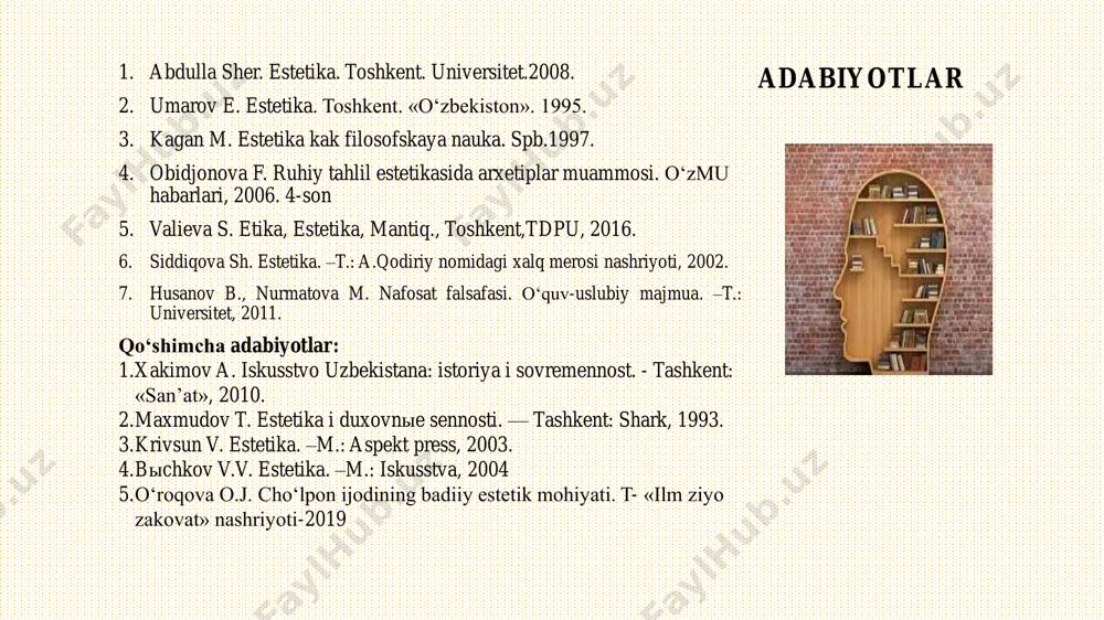 rgan allomani aniqlang. a)aristotel b)konfutsiy c)forobiy 4.san’atning muhim shakli musiqaga bag‘ishlangan “musiqa haqida katta kitob” asari muallifini ko‘rsating. a)abu nasr al forobiy b)ibn sino c)abu rayhon beruniy 5.me’yor, predmetning yaxlitligi, ranglarning uyg‘unligi, predmetning maqsadga muvofiqligi kabi sifatlar qaysi estetik qadriyatning asosiy shartlari hisoblanadi? a)go‘zallik b)ulug‘vorlik c)mardlik nazorat testi 6. belinskiyning «go‘zallik san’atning zaruriy shartidir, go‘zalliksiz san’at yo‘k va bo‘lishi ham mumkin emas» degan fikrida san’atning qanday vazifasini ko‘rsatgan. a)estetik vazifasi b)voqeylikni aks ettirish vazifasi c)kompensatorli k vazifasi 7. estetik did zaminida nima yotadi? a) go‘zallikni xunuklikdan ajrata bilish va undan beg‘araz shodlanish va lazatlanish qobiliyati b)sanatni chuqur tushunish, baho berish va undan zavq olish, ghzallikni idrok etish qobiliyati c)olam, voqea –hodisalarga estetik yondashib zavq olish qobiliyati va munosabati 8. jamiyatdagi ulug‘vorlik nimalarda namoyon bo‘ladi? a)qahramonlik, xalqparvarlik, bunyodkorlik, adolat, hurfikrlilik, insonparvarlikda b)cheksiz osmon, tog‘lar, cho‘qqilar, dengizlar, ming yillik chinorlar, sharsharalarda c)adolatda, burchni anglashda, or-nomusda, mag‘rurlikda, bag‘rikenglikda, saxiylikda 9.makonda mavjud bo‘lgan san’at …