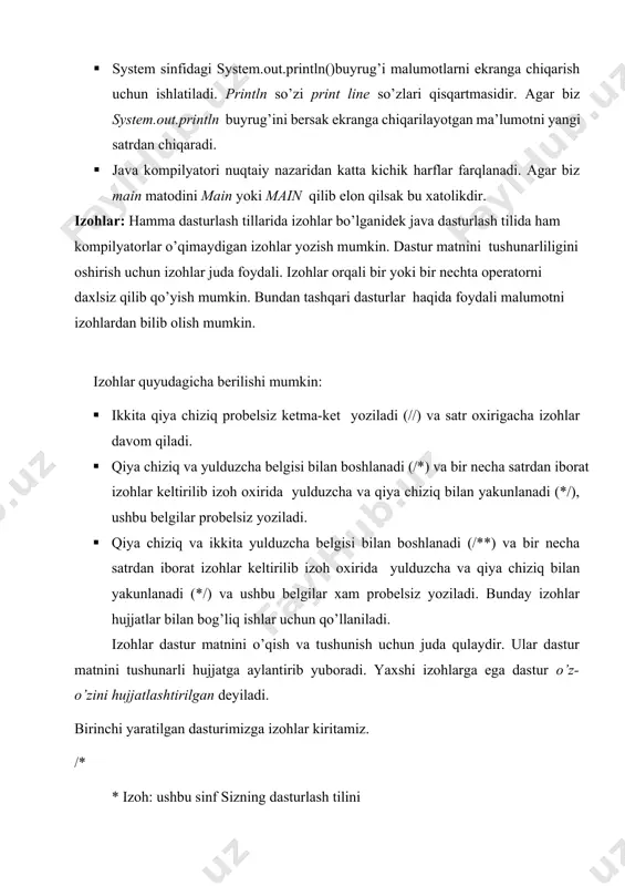 ngi mavzularda aytganimizdek ob’ektga yo’naltirilgan dasturlash tillarini ikki qismga bo’lib o’rganamiz .dasturlash tilning standart kodlarini va shu tilning sinflarini o’rganamiz. biz java tilida satrlar bilan ishlashni o’rganishimiz uchun satrlar bilan ishlovchi sinflarni o’rganishimiz lozim. quyuda string sinfidagi methodlarni ko’rib chiqamiz. length() – bu metoddan satrdagi simvollar sonini topishda foydalaniladi. bu int tipida qiymat qaytarucvhi medot. misol: public class misol1 { public static void main(string[] args) { string s=new string("informatika"); int n=s.length(); system.out.println(n); string s1="301-inform"; system.out.print(s1.length()); } } indexof() – bu biror sinvolning satrdagi pazitsiyzshini aniqlaydi, bu metod string tipidagi o’zgaruvchining yoki qiymatning biror belgini indexsini aniqlaydi. agarda shu belgi shu satrda bo’lsa uning indexsini qaytaradi, bo’lmasa -1 qaytaradi. misol: public class misol2 { public static void main(string[] args) { string s="informatika"; int k=s.indexof('0'); int k1=s.indexof('a'); system.out.println(k1); } } natija: 6 bundan tashqari indexof metodidan quyidagicha foydalanish mumkin. public class misol3 { public static void main(string[] args) { string s="informatika"; int …