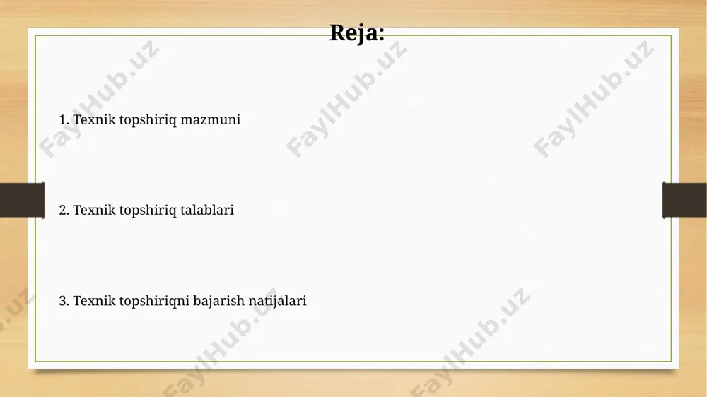 anishi majburiy. muvaffaqiyat va muammolar muammolar koʻpincha noaniq talablar yoki texnik topshiriqdagi 10% dan ortiq noaniqlik tufayli kelib chiqadi, bu esa qoʻshimcha vaqt va resurs sarfini keltirib chiqaradi. muvaffaqiyatli loyihalarning 70%i aniq texnik topshiriqlarga ega boʻlib, aniq natijalar va 3ta asosiy kpi koʻrsatkichlari bilan belgilanadi. vazifalarning aniqligi va aniqligi vazifada ishlatiladigan terminlarning 95% dan ortig'i aniq va tushunarli bo'lishi, texnik atamalar esa qo'shimcha tushuntirishlar bilan ta'minlanishi shart. muvaffaqiyatli vazifa 80% hollarda aniq va o'lchanuvchan maqsadlarni o'z ichiga olishi lozim, qolgan 20% esa moslashuvchanlik uchun qoldiriladi. e'tiboringiz uchun rahmat @taqdimot_robot image7.jpg image8.jpg image9.jpg image10.jpg image11.jpg image12.jpg image13.jpg image3.png image4.png
