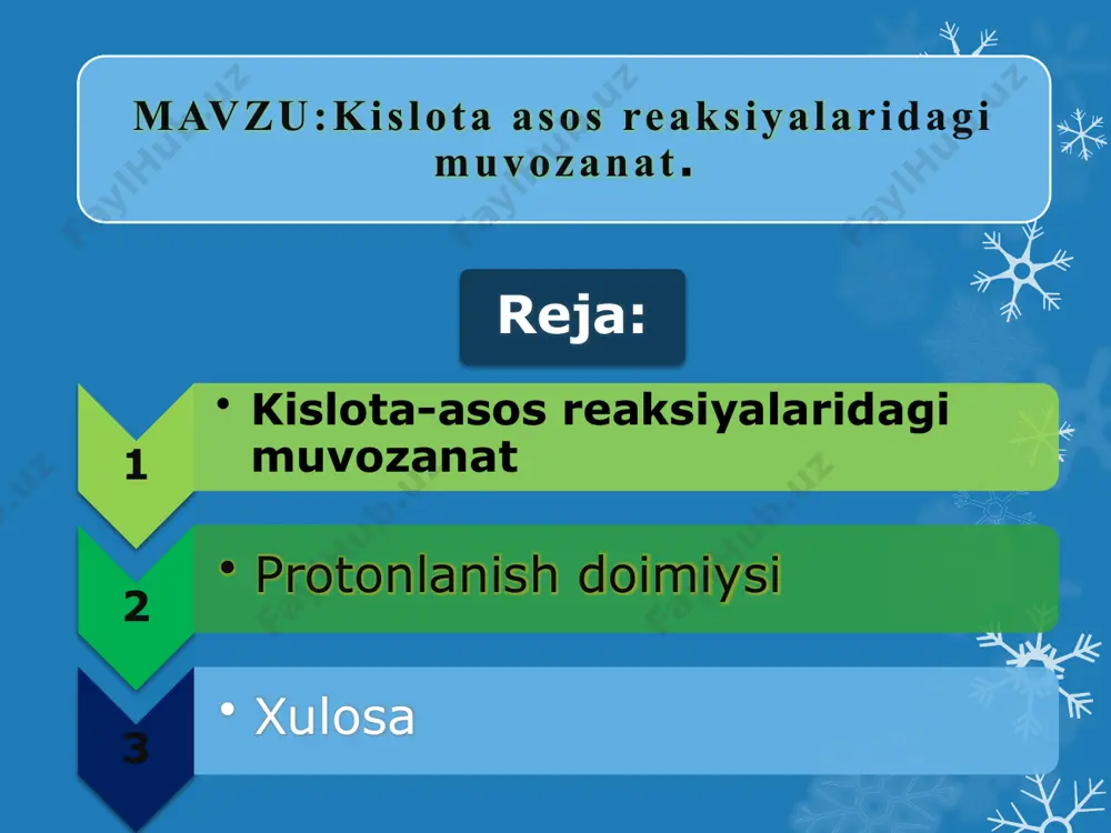 , bularning borchasi analitik kimyoda muxim axamiyat kasb etadi. qo‘yida, ha + b ↔ bh+ + a- 1 kislota 2 asos 2 kislota 1 asos kislota-asos reaksiyasining muvozanat doimiysini xisoblash formulasini keltirib chiqaramiz ha ↔ h+ +a- tenglamaga ko‘ra kislotalik doimiysi kha = [h+][a-] / [ha] h ↔ b + h+ tenglamaga ko‘ra kislota (2)ning doimiysi kbh = [b][h+ ] / [bh+] xulosa kislota-asos muvozanati kuchsiz kislota (asos) xosil bo‘lish tomoniga soljiydi. 0 ‘xshash moddalaning hosil bo’lish issiqligi. e’tiboringiz uchun raxmat. image1.png image2.png /docprops/thumbnail.jpeg