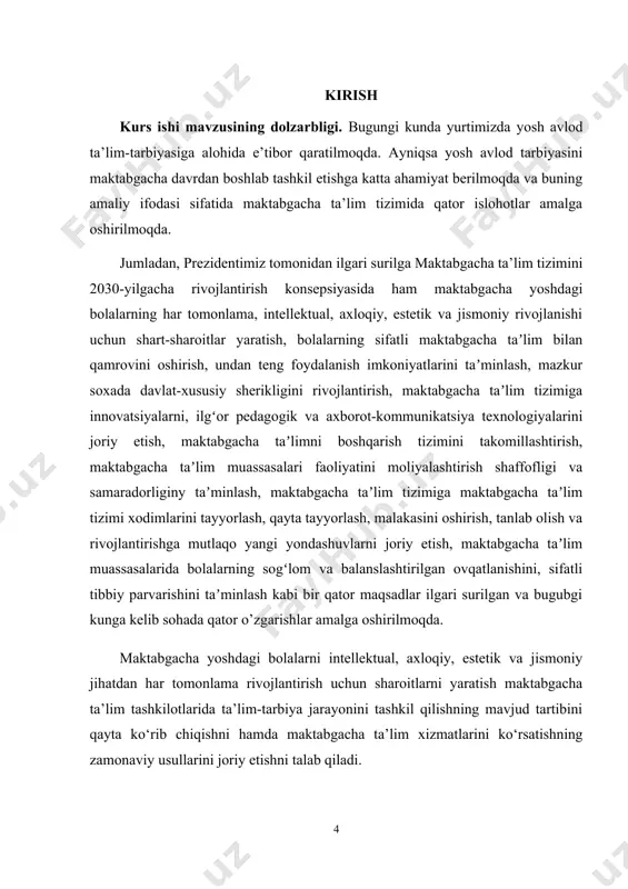 lari o’rganish; kurs ishining predmeti. ixtisoslashgan maktabgacha ta’lim tashkilotlarining umumiy tasnifi. kurs ishining obyekti. ixtisoslashgan maktabgacha ta’lim tashkilotlarining faoliyati kurs ishining metodlari: kuzatish, suhbat va taqqoslash. kurs ishining tuzilishi. kurs ishi kirish, 2 bob, har bir bobda 2 paragraf va foydalanilgan adabiyotlardan iborat. i bob. ixtisoslashgan maktabgacha ta’lim tashkilotlarining umumiy tasnifi 1.1. ixtisoslashgan maktabgacha ta’lim tashkilotlarining maqsad va vazifalari mustaqillik yillarida mamlakatimizda o'zbekiston respublikasining birinchi prezidenti rahbarligida davlat va jamiyat hayotini, jumladan, ta'lim tizimini tubdan yangilash va isloh etish borasida ulkan ishlar amalga oshirildi. istiqlolning dastlabki yillaridayoq prezidentimiz kadrlar tayyorlashning zamonaviy yagona tizimini yaratish g'oyasini ilgari surib: «ta'lim berishning ma’naviy, axloqiy va kasb malakasi bo'yicha tarbiyalashning mutlaqo yangi tizimi ishlab chiqilishi zarur. sifat jihatidan butunlay yangi o'quv das turlari yaratilishi darkor», deya ta'kidlagan edi. davlatimiz rahbarining ushbu fikrlari keyinchalik ta'lim-tarbiya sohasiga oid ko'plab qonunlarning, tegishli me'yoriy hujjatlarning, eng muhimi, butun dunyo jamoatchiligi tomonidan tan olingan kadrlar tayyorlash milliy dasturining yaratilishiga …