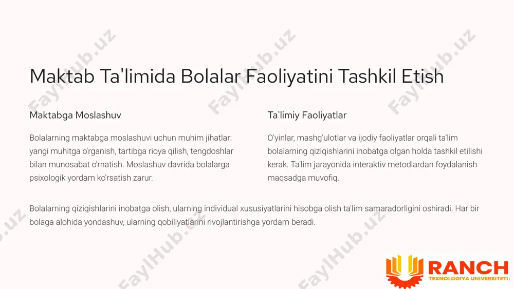nlama rivojlanishiga yordam beradi. birgalikdagi sa'y-harakatlar orqali bolaning ta'lim sifatini oshirish mumkin. 3 xalq pedagogikasi: oilada tarbiyalash metodlari asosiy tamoyillar o'zbek xalq pedagogikasining asosiy tamoyillari: halollik, mehnatsevarlik, kattalarga hurmat, kichiklarga mehr-shafqat. ertaklar orqali tarbiya ertaklar, maqollar, topishmoqlar orqali tarbiya. bolalarga yaxshilik va yomonlik, adolat va nohaqlik haqida tushuncha berish. milliy qadriyatlar milliy qadriyatlarni singdirish. bolalarni o'zbek xalqining tarixi, madaniyati va an'analari bilan tanishtirish. xalq pedagogikasi asrlar davomida shakllangan va o'zbek xalqining donoligini o'zida mujassam etgan. undan foydalanish bolalarni ma'naviy yetuk insonlar qilib tarbiyalashga yordam beradi. 4 xalq pedagogikasi: oilada tarbiyalash usullari namuna ko'rsatish ota-onalar o'z xulq-atvori bilan bolalarga namuna bo'lishlari kerak. yaxshi fazilatlarni o'zida mujassam etgan insonlar bolalar uchun ideal hisoblanadi. nasihat qilish nasihat qilish orqali bolalarga to'g'ri yo'l ko'rsatish. nasihatlar o'rinli, tushunarli va ta'sirli bo'lishi kerak. rag'batlantirish yaxshi xatti-harakatlari uchun rag'batlantirish. rag'batlantirish bolalarni yanada yaxshi ishlarga undaydi. mehnatga o'rgatish, hurmatni shakllantirish, kattalarga izzat, kichiklarga shafqat kabi usullar bolalarni jamiyatga …