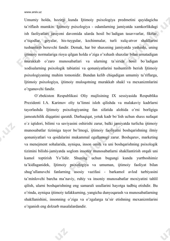 menejment sohalarida, ayniqsa, inson omili va uni boshqarishning psixologik tizimini bilishi-jamiyatda soglom insoniy munosabatlarni shakllantirish orqali uni kamol toptirish yo’lidir. shuning uchun bugungi kunda yurtboshimiz ta’kidlaganidek, ijtimoiy psixologiya va umuman, ijtimoiy faoliyat bilan shug’ullanuvchi fanlarning asosiy vazifasi - barkamol avlod tarbiyasini ta’minlovchi barcha ma’naviy, ruhiy va insoniy munosabatlar moxiyatini tahlil qilish, ularni boshqarishning eng samarali usullarini hayotga tadbiq etishdir. bu o’rinda, ayniqsa ijtimoiy tafakkurning, yangicha dunyoqarash va munosabatlarning shakllanishini, insonning o’ziga va o’zgalarga ta’sir etishning mexanizmlarini o’rganish eng dolzarb masalalardandir. ijtimoiy psixologiyaning ilmiy fan sifatidagi vazifalari ijtimoiy psixologiya, ijtimoiy jarayonlar, jamiyatda sodir bo’layotgan o’zgarishlarga aloqador psixik xodisalarni o’rgangani uchun ham bevosita davrga bog’liqdir. shuning uchun ham taniqli fransuz olimi serj maskovisi: "ijtimoiy psixologiyaning vazifalarini bevosita jamiyat belgilaydi", deb yozgan edi. demak, fan sifatida ijtimoiy psixologiyaning oldida turgan vazifalari, muammolari bevosita jamiyatdan kelib chiqadi. ayniqsa, hozirgi jumxuriyatimiz mustaqil bo`lib, jamiyatimizda keskin ijtimoiy-iqtisodiy o’zgarishlar ro’y berayotgan pallada ijtimoiy-psixologik darajada hal qilinishi lozim …