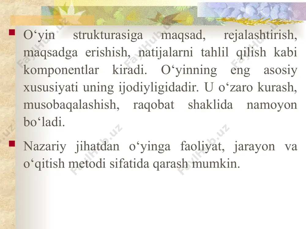 hirlik bilan yakun yasash va ularni erishilgan natijalar bilan bog`lash; o`ynni qizqarli o`tkazish kerak. o`qituvchi didaktik o`yinlarni rejalashtirayotganda quyidagi muayyan talablarga amal qilishi muhimdir. konstruktorli o`yinlar asosan ikkiga bo`linadi. xalq harakatli o‘yinlarini tashkil etish va bolalarga o‘rgatishda quyidagi qoidalarga rioya qilish zarur. 1. bolani ruhiy jihatdan o‘yinga tayyorlash. 2. o‘yin jarayonida bolalarning jismoniy tayyorgarligi va yosh xususiyatlariga e’tibor berish. 3. o‘yinning pedagogik tomonlarini nazardan qochirmaslik. 4.o‘yinlarni ijtimoiy-foydali mehnat bilan bog’lagan holda hayotga tatbiq etish. 5.o‘yin davomida o‘zaro munosabatlarni yanada mustahkamlash. 6.jamoa bo‘lib birgalikda harakat qilish, jamoa manfaatiga hurmat va e’tiborli bo‘lish. pedagogik xarakterdagi o’yinlarning tarkibiy tuzilmasi o’quv maqsadi o’yinning vazifasi muammo tavsiloti o’yin vaziyatining tavsiloti ishtirokchilarning tasnifi aksariyat pedagogik o‘yinlar o‘zida quyidagi belgilarni namoyon qiladi - ijodiy topshiriqlar; - kreativ yondashishni taqozo etuvchi vazifalar; - muammoli vaziyatlar; - rolli va ishbilarmonlik o‘yinlari; - bahs-munozara, debat; - musobaqa ko‘rinishidagi bellashuvlar. diqqat bilan eshitganlarga katta rahmat!