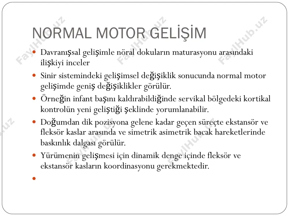 mi ile ilgili gelişim sürekli kilometre taşları gelişmenin normal sıralaması merkezi sinir sisteminin(mss) gelişmesiyle başlar ve mss gelişme için major itici güçtür davranişsal teori̇ � pavlov,skinner, bandura � uyarı-cevap yaklaşımı � çevreden gelen uyarının modifiye edilmesiyle buna karşı oluşacak cevabın değiştirilmesi çocuğun fizyoterapi odasından daha sessiz bir odaya alınması ile algıyı etkileyecek durumların ortadan kaldırılması di̇nami̇k si̇stem teori̇leri̇ � mss major komponent değil!!! � bir çok sistemi içerir � gelişim birçok intrinsik ve ekstrinsik faktörden etkilenir. anatomik fizyolojik davranışsal periferik sin ir sist emi kas-is kelet sis temi kardiyopulmoner sist em deri gelişimin temel i̇lkeleri 1 � gelişim süreklilik gösterir � gelişim dönemler halinde betimlenebilir � gelişim düzenli bir sırayı izler � gelişimin hızı evrelere göre değişir � gelişim baştan ayağa, içten dışa, merkezi bölgelerden uzaktaki organlar yönünde ve genelden özele doğru gerçekleşir � gelişimde bireysel ayrılıklar vardır � yaşamın değişik dönemlerinde farklı türden gelişmeler önem kazanır � gelişim hem …