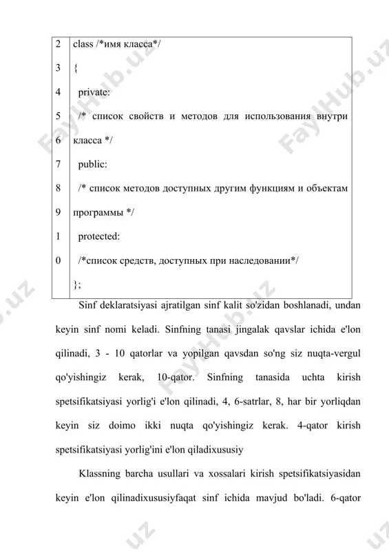 a’lumotlar elementlaridan (statik ma’lumotlar elementlaridan) birgalikda foydalanish kerak bo‘lib qoladi. bunday hollarda ma’lumotlar elementlari umumiy yoki juz’iy deb e’lon qilinadi, keyin esa tur oldidan, quyida ko‘rsatilganidek, static kalit-so‘z keladi: private; static int shared_value; sinf e’lon qilingach, elementni sinfdan tashqaridagi global o‘zgaruvchi sifatida e’lon qilish kerak. bu quyida shunday ko‘rsatilgan: int class_name::shared_value; navbatdagi dastur book_series sinfini aniqlaydi. bu sinf (seriya)ning barcha ob’ektlari (kitoblari) uchun bir xilda bo‘lgan page_count elementidan birgalikda foydalanadi. agar dastur ushbu element qiymatini o‘zgartirsa, bu o‘zgarish shu ondayoq barcha sinf ob’ektlarida o‘z aksini topadi: #include using namespace std; class book_series { public: book_series(float); void show_book(void); void set_pages(int) ; private: static int page_count; float price; }; int book_series::page_count; void book_series::set_pages(int pages) { page_count = pages; } book_series::book_series(float price) { book_series::price = price; } void book_series:: show_book (void) { cout using namespace std; class book_series { public: static int page_count; private: float price; }; int book_series::page_count; int main() { book_series::page_count …