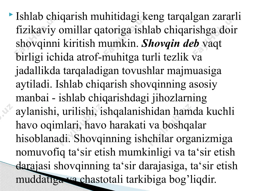 amning qulog’i qabul qilmaydigan 20 000 gs yuqori bo’lgan chastotadagi egiluvchi muhitlarning mexanik tebranishidir. ultratovushlar sanoatda juda ko’p sohalarda va tibbiyotda (davolashda, tashhislikda) qo’llanadi. ultratovush biologik to’qimalarga ta‘sir etganda mexanik, termik va fiziko - kimyoviy samaralarni namoyon qiladi. ultratovush bilan uzoq muddat davomida bevosita aloqada bo’lganda ishchilarda asteno - vegetativ reaksiyalar kuzatiladi (toliqish, achchiqlanish, bosh og’rishi, uyquning buzilishi, eshitishning buzilishi), ayrim hollarda polinevrit belgilari kuzatilib, hattoki barmoq va bilaklarning parezini keltirib chiqaradi ultratovushning nomuvofiiq ta‘sirining oldini olish tadbirlariga quyidagilarni kiritish mumkin: -ultratovushni gigiyenik reglamentlash va ish joylarida uning darajasini nazorat qilish; -ultratovushlarni avtomatik holda boshqarish va o’chirish; -masofa orqali boshqarish, generatorlarni izolatsiya qilish; -foydalanilmaydigan nurlanishlarni yo’qotish; shahsiy himoya vositalaridan foydalanish (rezinali qo’lqoplar, antifonlar); -oqilona ish tartibi (har 1,5 soatda tanaffuslarni tashkil qilish); -fizioterapevtik muolajalar (massaj, iliq vannalar); -ovqatlarni vitaminlashtirish (b guruhidagi vitaminlar); -ishchilarni doimiy davriy tibbiy ko’riklardan o’tkazish. zamonaviy korxonalarda yana bir muhim omil uchrab turadi, ya‘ni qattiq jismlarning mexanik …