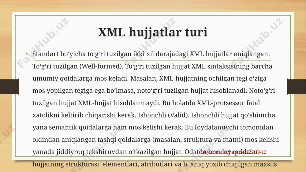 malda ixtiyoriy tipdagi hujjatlarni yozish imkonini beradi, faqat audio, video va multimedia potoklarni, rastrli suratlarni, tarmoqli ma’lumotlar strukturasini va ikkilik ma’lumotlardan tashqari; xml litsenziyalash va har-xil cheklovlardan xoli bo‘lgan oddiy tekst; xml hech qanday platformalarga bog‘liq emas; binar formatlardan farqli o‘laroq, xml ob’ektni ta’riflaydigan nomlar, tiplar va sinflar haqida meta ma’lumotlarga ega, unga ko‘ra ixtiyoriy ilova noma’lum strukturali hujjat bilan ishlayverishi mumkin (maslan, dinamik interfeyslarni qurishda); xml barcha zamonaviy dasturlash tillari uchun sintaksik analizatorga (parserga) ega; xmlda brauzerlarda, operatsion tizimlarda, veb-serverlarda amalga oshirilgan xslt o‘zgarish standart mexanizmiga ega; xml zamonaviy qurilmalarda apparat, mikrodastur va dastur quyi darajasida qo‘llab quvvatlanadi buyurtma uchun: 94-223-33-12 xslt o‘zgarishlarni tadbiq etish xsl – xml-hujjat ma’lumotlarini qanday shakllantirish yoki o‘zgartirishni aniqlab beradigan texnologiya hisoblanadi. hujjat brauzerda aks ettirishga yaroqli formatga o‘giriladi. xsl texnologiya eng ko‘p brauzerlarda qo‘llaniladi, lekin xsl yordamida ixtiyoriy boshqa formatlarga, masalan vrml, pdf tekst formatlariga ham o‘girish mumkinligini unutmaslik kerak. xsl transformatsiya (xslt) …