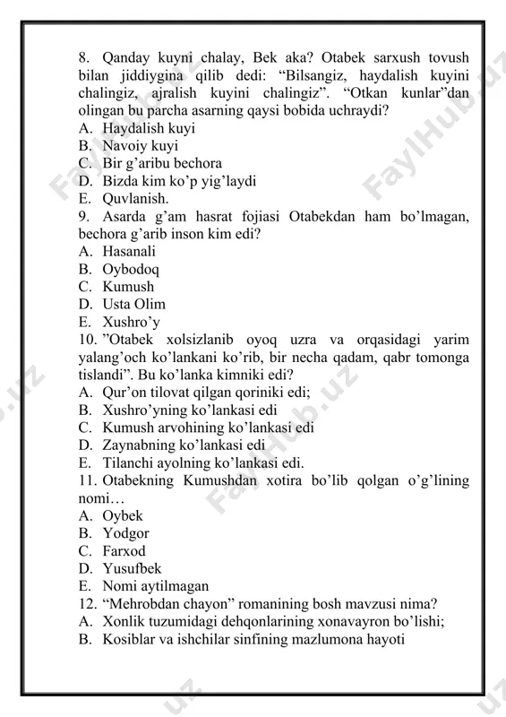 hirish bilan mashg’ul edi. ra’no o’ziga qarab kelguchi anvarga yer ostidan kulimsib olgach, biroz ko’rinib turgan oyoq uchlarini sariq atlas kuylagi bilan yashirdi. 1. bu kimning asari? 2. asar qanday nomlanadi? 3. “hayot shami” bobida yozuvchi nimalar haqida bayon etadi? 4. anvar va ra’no o’rtasidagi muloqotni gapirib bering.