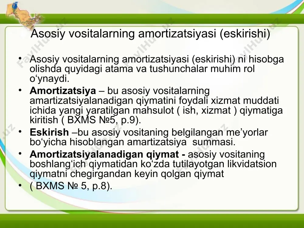 likvidatsion qiymatni ko‘zda tutish majburiy hisoblanmaydi. shuning uchun bu qiymat bo‘lmasligi ham mumkin. bunday holda asosiy vositaning amortizatsiyalanadigan qiymati bevosita uning boshlang‘ich qiymatidan iborat bo‘ladi. bxms № 5 «asosiy vositalar»ga muvofiq asosiy vositalarni yillik amortizatsiya (eskirish) summasi (as) qo‘yidagicha aniqlanadi: qoldiq qiymat ko‘zda tutilgan asosiy vositalar bo‘yicha boshlang‘ich qiymat – likvidatsion qiymat as = ------------------------------------------------------------- (1) xizmat muddati qoldiq qiymat ko‘zda tutilmagan asosiy vositalar bo‘yicha boshlang‘ich qiymat as = ------------------------------ (2) xizmat muddati barcha asosiy vositalar bo‘yicha likvidatsion qiymatni belgilangan miqdorlari yoki ularni belgilanmaganligi ham korxonalarning buyruq bilan tasdiqlangan hisob siyosatlarida to‘liq o‘z aksini topishi lozim. hisob siyosatida asosiy vositalar bo‘yicha foydali xizmat muddati ichida jamlanib boruvchi amortizatsiyani (eskirishni) hisoblash usullari ham belgilab olingan bo‘lishi kerak. bxms №5 «asosiy vositalar» ga muvofiq (p.23,24) jamlangan amortizatsiya (eskirish) ni hisoblash qo‘yidagi usullar bo‘yicha amalga oshirilishi mumkin: bir maromda hisoblash; bajarilgan ish hajmiga proporsional hisoblash; xizmat yillari yig‘indisiga proporsional hisoblash (kumulyativ usul); kamayib …