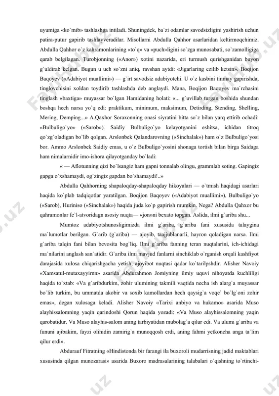 ikni anglash e`tiqodini ifodalagan deyish mumkin: gar cho`q istarsan, fuzuliy, izzating, oz et so`zi, kim cho`q o`lmoqdan qilibdir cho`q azizi xor so`z. abdulla avloniy ko`p so`zlilik yolg`onga, soxtalikka moyillik ekanligiga ishora qiladi: misi chiqgay ko`p bo`lsa, bir kun. ko`paygan so`zning bo`lg`ay to`g`risi oz, shakarning ko`pidan ozi bo`lur soz. kezi keldi, asosiy masalaga o`tishdan oldin, yana bir kuzatishimni aytib o`tmoqchiman. badiiy asar xam jonli odamga o`xshaydi. asarlar «sersuv» bo`lganiday, ba`zi odamlar ham ezma bo`ladilar. yozuvchining asar orqali aytar so`zi notayin bo`lsa, ko`p yozishga, kitob-xonni so`z uyumiga «ko`mib» tashlashga intiladi. shuningdek, ba`zi odamlar savodsizligini yashirish uchun patira-putur gapirib tashlayveradilar. misollarni abdulla qahhor asarlaridan keltirmoqchimiz. abdulla qahhor o`z kahramonlarining «to`q» va «puch»ligini so`zga munosabati, so`zamolligiga qarab belgilagan. turobjonning («anor») xotini nazarida, eri turmush qurishganidan buyon g`uldirab kelgan. bugun u uch so`zni aniq, ravshan aytdi: «jigarlaring ezilib ketsin». boqijon baqoyev («adabiyot muallimi») — g`irt savodsiz adabiyotchi. u o`z kasbini tinmay gapirishda, tinglovchisini xoldan toydirib …