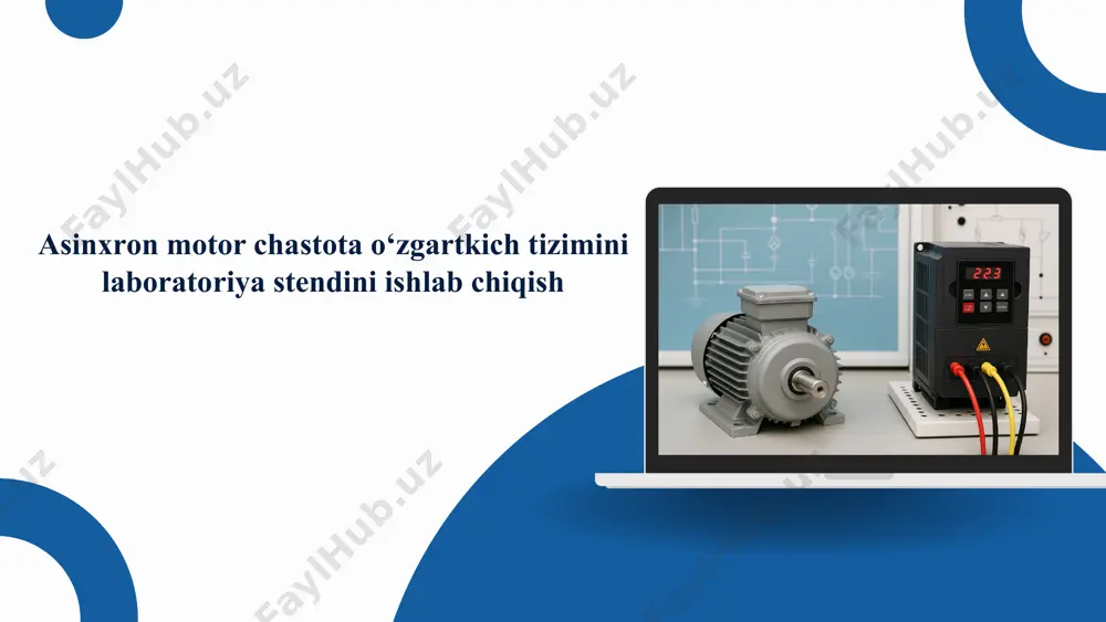tizimini laboratoriya stendini ishlab chiqish” mavzusi dolzarb hisoblanadi. zamonaviy elektr yuritmalarida chastota o‘zgartkichlarining qo‘llanilishi energiya tejash, tezlikni silliq boshqarish, ish jarayonlarini avtomatlashtirish kabi bir nechta afzalliklarni beradi. diplom ishining maqsadi – asinxron motor va chastota o‘zgartkich asosida laboratoriya stendini ishlab chiqish, uning elektr sxemasini, boshqaruvi va texnik tavsiflarini aniqlash, real tajriba orqali ishlashini tekshirish va ta‘lim jarayonida foydalanish imkoniyatlarini baholashdan iborat. bitiruv malakaviy ishining vazifalari: asinxrоn mоtоr chastоta о‘zgartkich tizimini va ishlash printspini оʻrganib chiqish; chastоtaviy elektr yuritmalarining vazifasi va ishlash printspini оʻrganish; labоratоriya stendining kоmpоnentlarini tanlash va ularning kоmpleks hоlda ishlashini ta‘minlash sxemalarini ishlab chiqish; ishlab chiqarilgan stendda labоratоriya mashgʻulоtlarini bajarish bоʻyicha tegishli kоʻrsatmalarni ishlab chiqish. asinxrоn mоtоrlar elektr energiyasining asоsiy iste’mоlchilari. asinxron motorlar bugungi kunda sanoat, qishloq xo‘jaligi, transport, kommunal xizmatlar va maishiy texnikada eng ko‘p qo‘llaniladigan elektr yuritma turi hisoblanadi. ular elektr energiyasining umumiy iste’mol hajmida 60–70% gacha ulushga ega bo‘lib, shu jihatdan elektr energiyasining eng yirik …