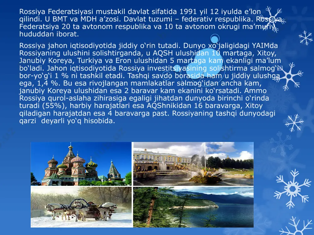 uzatishini kuting. sovg’alar:taqdim qilish va qabul qilish: rossiyalik sovg’alarga juda katta e’tibor berishadi.yuqori sifatli sovg’alar:yaxshi shokolad, yuqori darajagi aroq. eng yaxshi sovg’a italyanliklar uchun guldir. yaqinda tanishgan tanishlar uylariga taklif qilsalar gul olib boriladi. sariq gul sovg’a qilinmaydi. image1.jpeg image2.png image3.png image4.jpeg image5.jpeg image6.jpeg image7.jpeg image8.jpeg image9.jpeg image10.jpeg image11.jpeg image12.jpeg image13.jpeg image14.jpeg