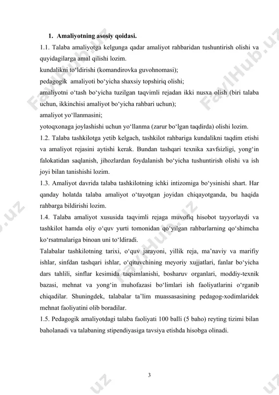 da xulosa; amaliyot mobaynida foydalanilgan manbalar to‘g‘risida ma’lumot. amaliyot natijasi, bahosi talabaning kursdan kursga o‘tishi va stipendiya belgilashda hisobga olinadi. amaliyot yakuni oliy ta’lim muassasasining ilmiy-uslubiy va fakultet ilmiy kengashida amaliyotning natijalariga yakun yasaladi. amaliyot dasturini bajarmagan, ishi haqida qoniqarsiz taqriz yoki hisobot, himoyasida qoniqarsiz baho olgan talaba 2 kursda qarzdor hisoblanib qarshi davlat universitetining pedagogika instituti talabalar safidan chiqariladi. talabaning fan bo‘yicha o‘zlashtirish ko‘rsatkichini nazorat qilishda quyidagi namunaviy mezonlar tavsiya etiladi. a) 86 – 100 ball uchun talaba “5” b) 71 – 85 ball uchun talaba “4” v) 60 – 70 ball uchun talaba “3” baholar bilan baholanadi. 1-hafta __________________________ (kun.oy.yil) mavzu: ____________________________________________________________________________________________________________________________________________________________________________________________________________________________________________________________________________________________________________________________________________________________________________________________________________________________________________________________________________________________________________________________________________________________________________________________________________________________________________________________________________________________________________________________________________________________________________________________________________________________________________________________________________________________________________________________________________________________________________________________________________________________________________________________________________________________________________________________________________________________________________________________________________________
