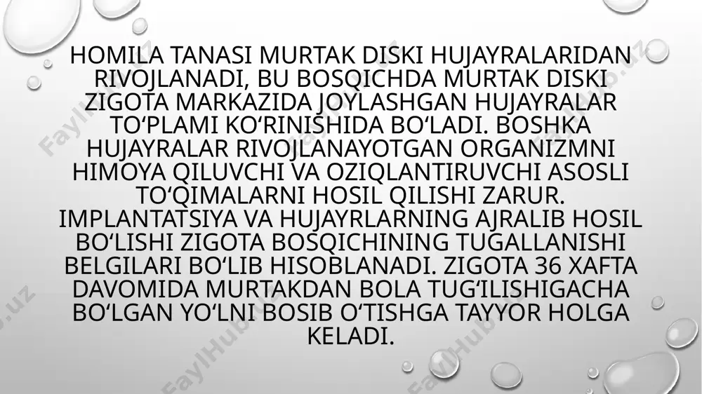 rmalar, meva va savzavotlar, sut mahsulotlari, go‘sht yoki dukkakli o‘simliklardan tayyorlangan ozuqalar bo‘lishi kerak. barcha vitaminlar, minerallar va temir moddalardan iborat taomlarni tanovul qilishlari kerak. 3. alkogol va kofein tutuvchi ichimliklarni iste’mol qilish, chekish tavsiya etilmaydi. biror bir dori-darmon yoki tibbiy muolajani qabul qilishda avval vrach bilan maslahatlashishlari kerak.4. homiladorlik davrida badan tarbiya bilan shug‘ullanish zarur. agar homilador ayol yaxshi jismoniy holatda bo‘lsa, tana qo‘shimcha og‘irlikni ko‘tarishda qiyinchilikka uchramaydi.5. homilador ayol o‘zining toliqib qolishiga yo‘l qo‘ymasligi, ayniqsa, homiladorlikning oxirgi haftalarida, maxsus mashg‘ulotlarga qatnashishi zarur. u erda ayollarni tug‘ruqqa va yangi tug‘ilgan chaqaloqlarni parvarish qilishni o‘rgatadilar. e‘tiboringgiz uchun raxmat image2.png image3.png image4.jpeg image1.png /docprops/thumbnail.jpeg