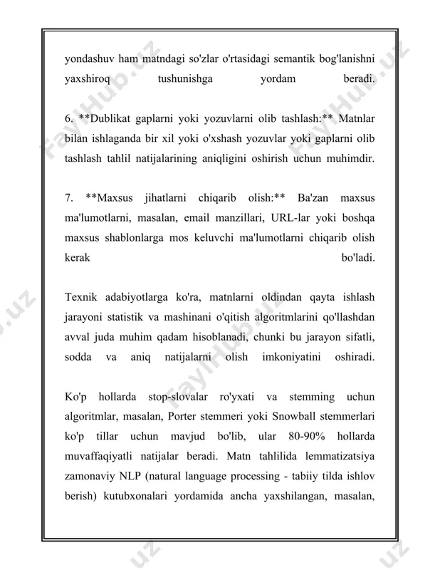 soha bo‘lib, u inson va kompyuter o‘rtasidagi interaktivlikni sezilarli darajada yaxshilash imkoniyatiga ega. shuningdek, ttq texnologiyalari insoniyatning muhim texnologik yutuqlaridan biri sifatida kelajakda ham katta rol o‘ynashi kutilmoqda. 3. lug'at tahlili lug'at tahlili, ya'ni lug'atshunoslik sohasida, so'zlarning ma'nosi, shakli, ishlatilishi va kelib chiqishini tahlil qilish orqali ularning chuqur va aniqlik bilan o'rganish jarayonini anglatadi. bu jarayon turli lug'atshunoslik usullari va statistik metodlarni o'z ichiga oladi. quyida ushbu mavzu doirasida turli jihatlar va statistik ma'lumotlar keltirilgan. birinchi navbatda, lug'at tahlili tushunchasi tahlil qilinadigan lug'atlarning turiga bog'liq ravishda o'zgaradi. masalan, umumiy lug'atlar, mafhumiy lug'atlar va terminologik lug'atlar mavjud, bularning har biri o'ziga xos xususiyatlarga ega. umumiy lug'atda eng ko'p uchraydigan atamalarni o'rganish qiziqarli bo'lishi mumkin. misol uchun, o’zbek tilidagi eng ko’p so’zlar orasida "va", "bu", "yoki", "bilan" kabi bog'lovchilar bor, ular odatda tez-tez ishlatiladi. shuningdek, lug'at tahlilining yana bir muhim jihati lug'atning hajmi va uning o'sishi hisoblanadi. o’zbek tilida 2019 yilda o’zbekiston …