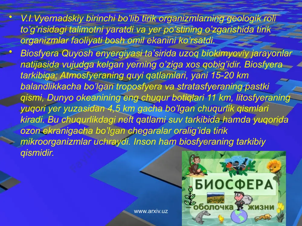 oblanadi, keyingi sathi esa daraxtning bargi, shoxidir,eng yukori satxi –daraxtning o’zidir. biosfera ancha murakkab va yuksak darajada tashkil etilgan tizim bo’lib hisoblanadi. a.m.ivlyov (1986) bo’yicha tizimni faoliyati bu tashqi muhit ta‘siriga javoban, tizimda paydo bo’ladigan reaktsiyalar yig’indisi bo’lib, tizimni ichki xususiyatlari o’zgarishiga uni o’zining rivojlanishi olib keladi. bizningcha, a.m.ivlev qarashlarida ko’p chalkashliklar bor. www.arxiv.uz www.arxiv.uz birinchidan, tizim mavjudligi va faoliyatini olsak, ekotizim faoliyat qilmasdan oddiygina mavjud bo’lishi mumkin emas, faoliyat ko’rsatmasa ekotizim mavjudligini yo’qotadi. ikkinchidan ekotizimda tashqi ta‘sirga javoban reaktsiya paydo bo’lishini asoslab berish mumkin emas. iqlim, quyosh energiyasi, to’proq, jinslar, relef va boshqalarni tashqi omillar deb qarash mumkin. lekin bu omillarni biz ekotop (biotop) ga beogeotsenozni bir qismi sifatida birlashtiramiz. biogeotsenoz yoki ekotizimga nisbatan ular nafaqat tashqi balki ichki omil hisoblanadi. faraz qilaylik bu omillar ekotizimga ta‘sir qilmay qo’ysa nima bo’ladi? ma‘lum bir vaqt ekotizim faoliyatini davom etkazadi, masalan o’txo’r hayvonlar o’simlik qoldiqlaridan, yirtqich-konsumentlar esa, ular bilan oziqlanadi. shunday …