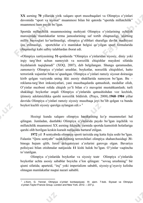 port va olimpiya o’yinlaridan keng miqyosda foydalanish. bu yerda shuni ta’kidlab o’tish kerakki, xx asrning 50-80 yillarida yuqori natijalar sportidagi, shu jumladan olimpiya o’yinlaridagi g’alabalarni u yoki bu davlatni siyosiy va iqtisodiy tizimining samaradorligi, unung fan, madaniyat, ta’limda erishgan yutuqlari darajasi bilan bog’lashga intilish kuchli edi. bunday bog’liqlik har doim ham ochiq namoyon bo’lmagan, mamlakatlarning siyosiy, iqtisodiy va madaniy darajasini aks ettiruvchi omil sifatida sportdan foydalanishga bo’lgan intilish aniq ko’rinib turar edi. to’rtinchi yo’nalish. davlatlarni ichki va tashqi siyosat masalalarida o’zining mustaqilligini yoki boshqa mamlakatlar siyosatiga o’zining ta’sirini namoyish etish uchun sportdan foydalanish. beshinchi yo’nalish. siyosiy bosim o’tkazish, davlatlarning siyosatini diskreditasiyalash, zamonaviy davr muammolariga jahon hamjamiyatining e’tiborini jalb qilish maqsadida yirik xalqaro sport musobaqalarinii, jumladan olimpiya o’yinlarini ham boykot qilinishi. oltinchi yo’nalish. siyosiy tashkilotlar va alohida shaxslar tomonidan dunyoda sodir bo’layotgan alohida voqealar, jarayonlar va hodisalarga jahon hamjamiyatining e’tiborini qaratish uchun sport va olimpiya o’yinlaridan foydalanishi. xx asrning 70 yillarida …